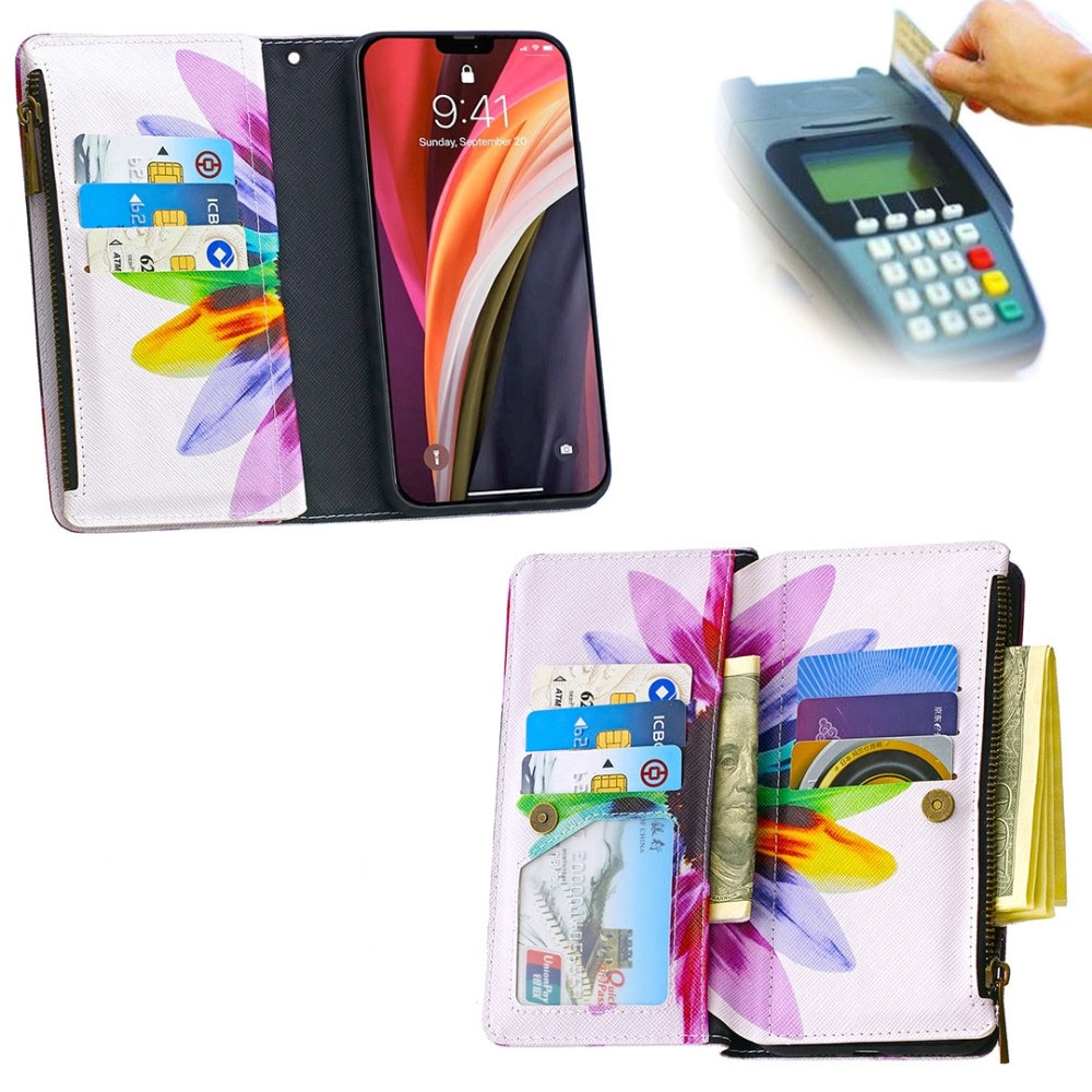 iPhone 12 / iPhone 12 Pro Leder Wallet Etui Tasche mit 9 Kartenfächern   Münzfach - Sonnenblume