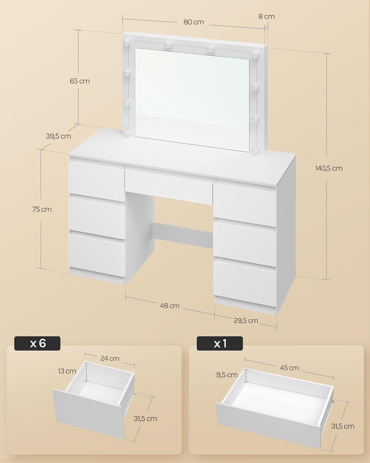 WOLTU Schminktisch mit LED-Beleuchtung, einstellbare Helligkeit, Kosmetiktisch mit großem Spiegel, Frisiertisch mit 7 Schubladen, 107x140,5x39,5 cm, für Schlafzimmer, Weiß