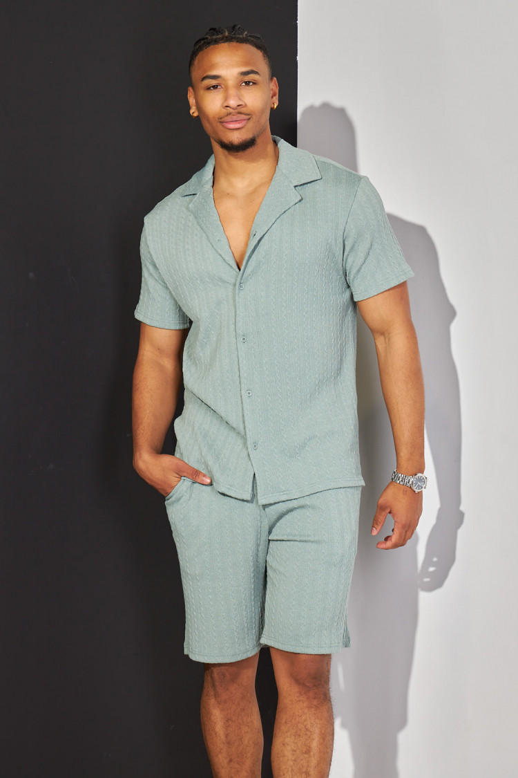 Ensemble 2 pièces chemise + short vert à motif vague