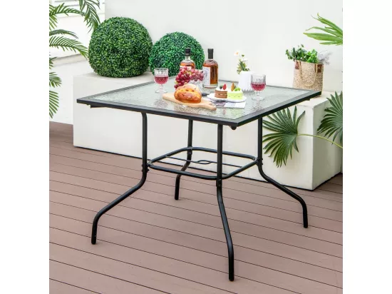 Table de Jardin en Verre Trempé 89 x 89 CM, Table d'Appoint avec Trou pour Parasol 38 MM, Cadre en Métal Robuste, Table Basse Carrée Extérieure pour Patio, Piscine