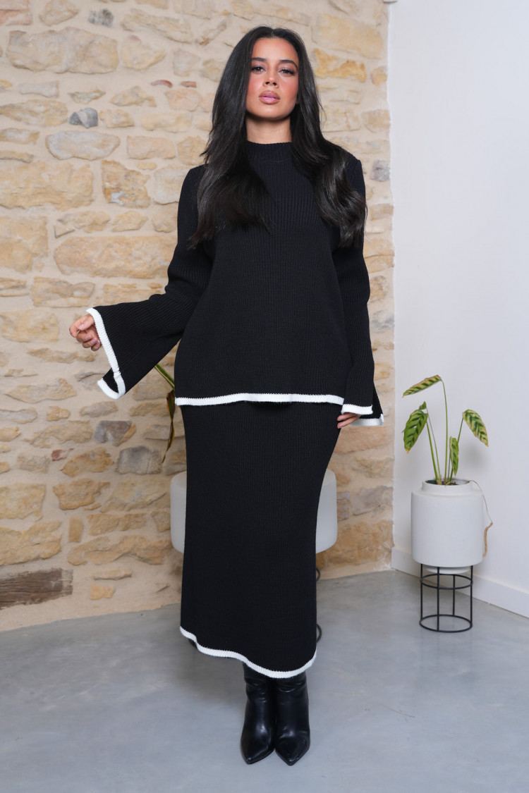 Ensemble 2 pièces pull + jupe en maille noir et beige