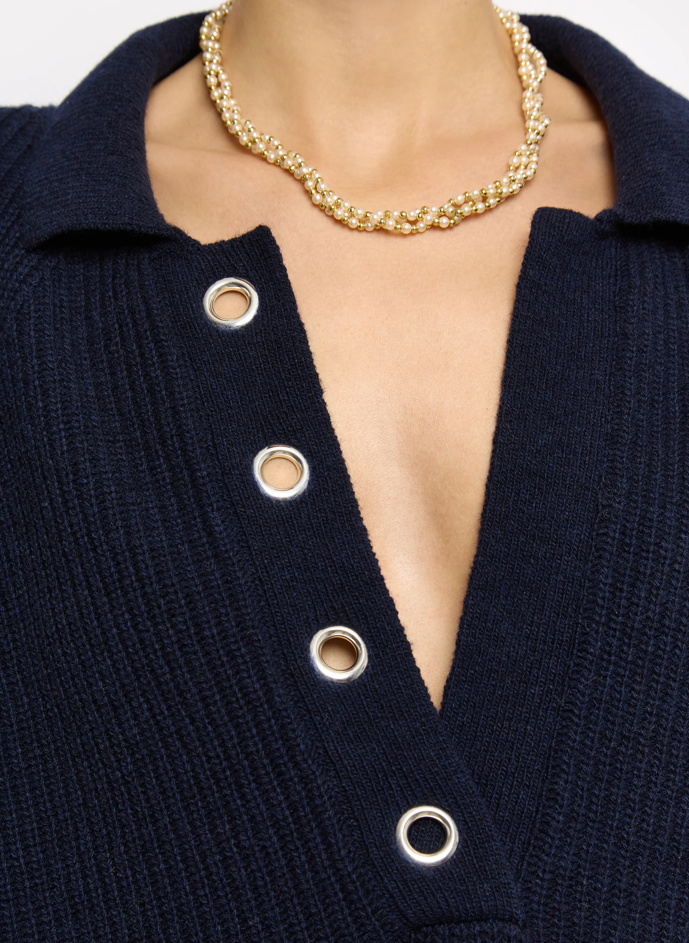 WILLIAM - Pull col v à revers avec oeillet en laine mélangé | Bleu