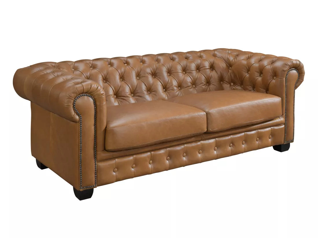 Canapés chesterfield 3 places 2 places et un fauteuil BRENTON 100% cuir de buffle premium - Caramel vintage