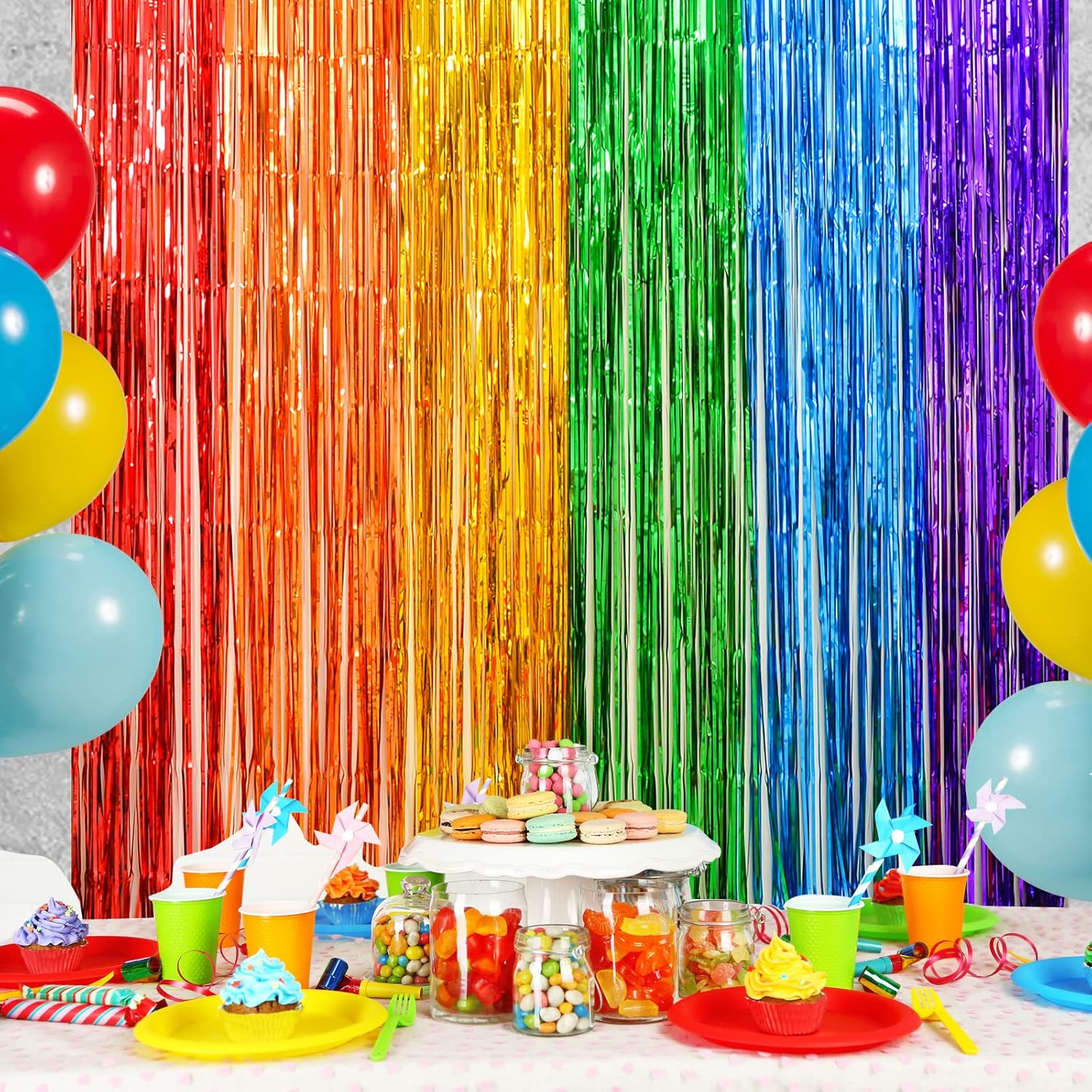 (4er Set) 2x1m Party Deko Metallic Lametta Vorhang Glänzender Fransen Vorhang Regenbogen Foto Hintergrund - Rot / Gold / Blau / Lila / Grün