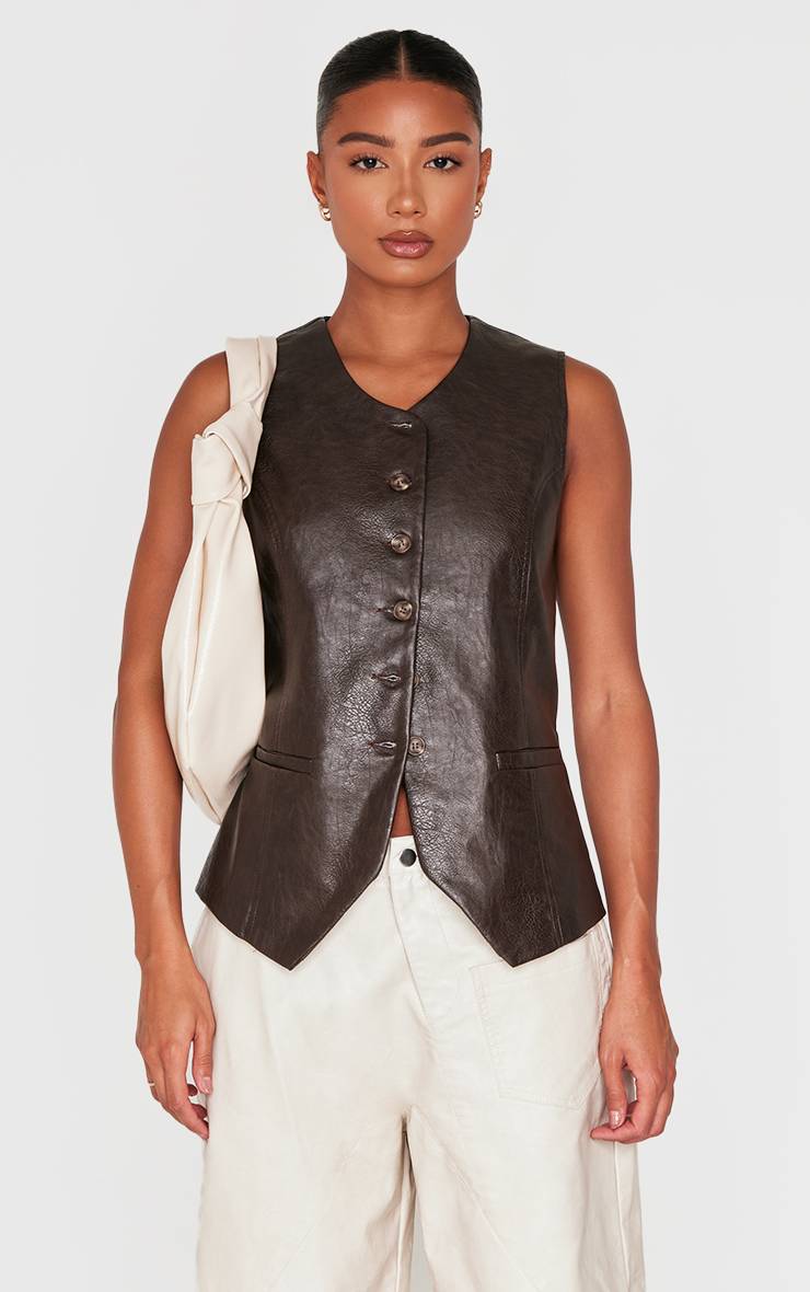 Marron Gilet Long Boutonné En Synthétiquecuir