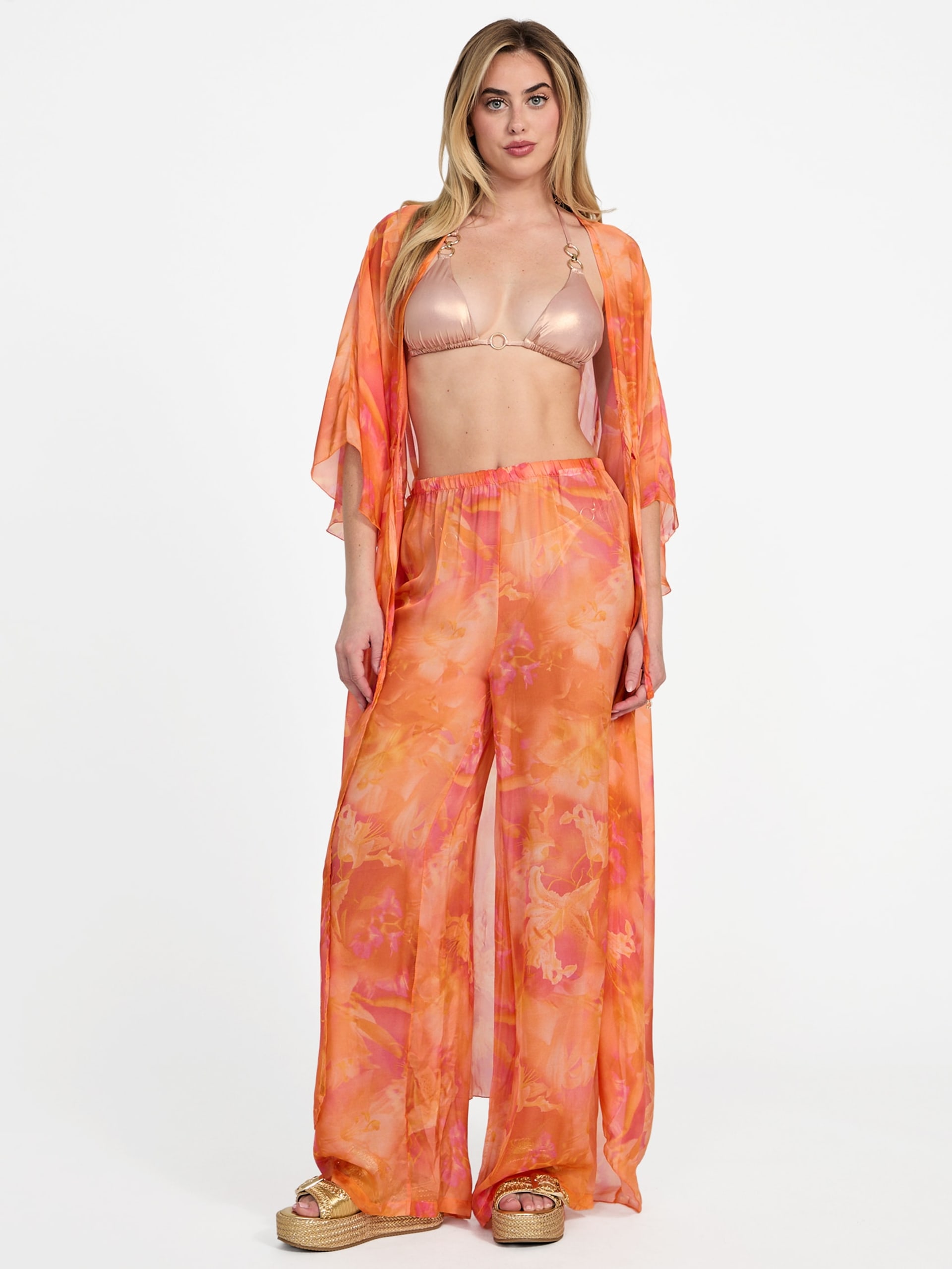 Calças de chiffon estampadas em mistura de seda