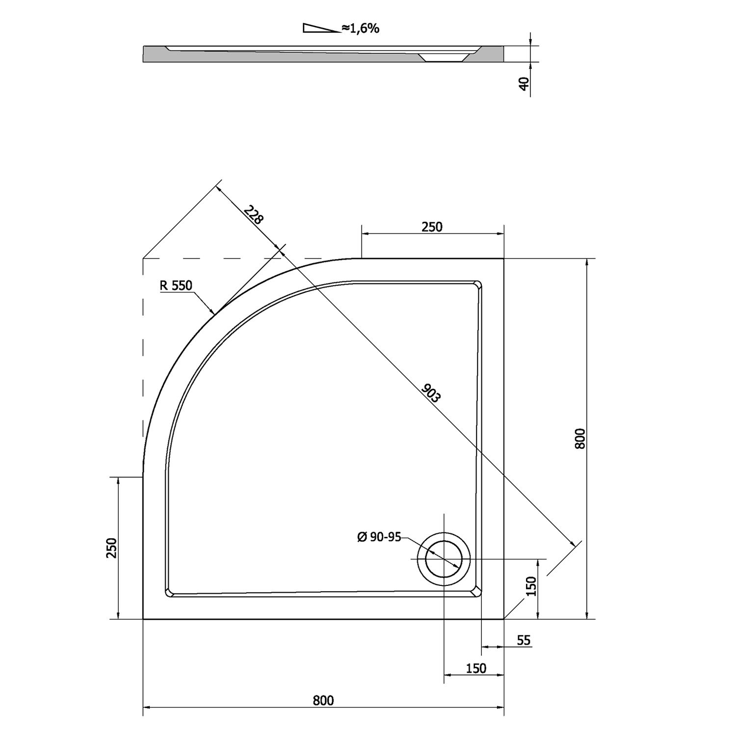 Polysan Sera kwartronde douchebak 80x80x4cm wit
