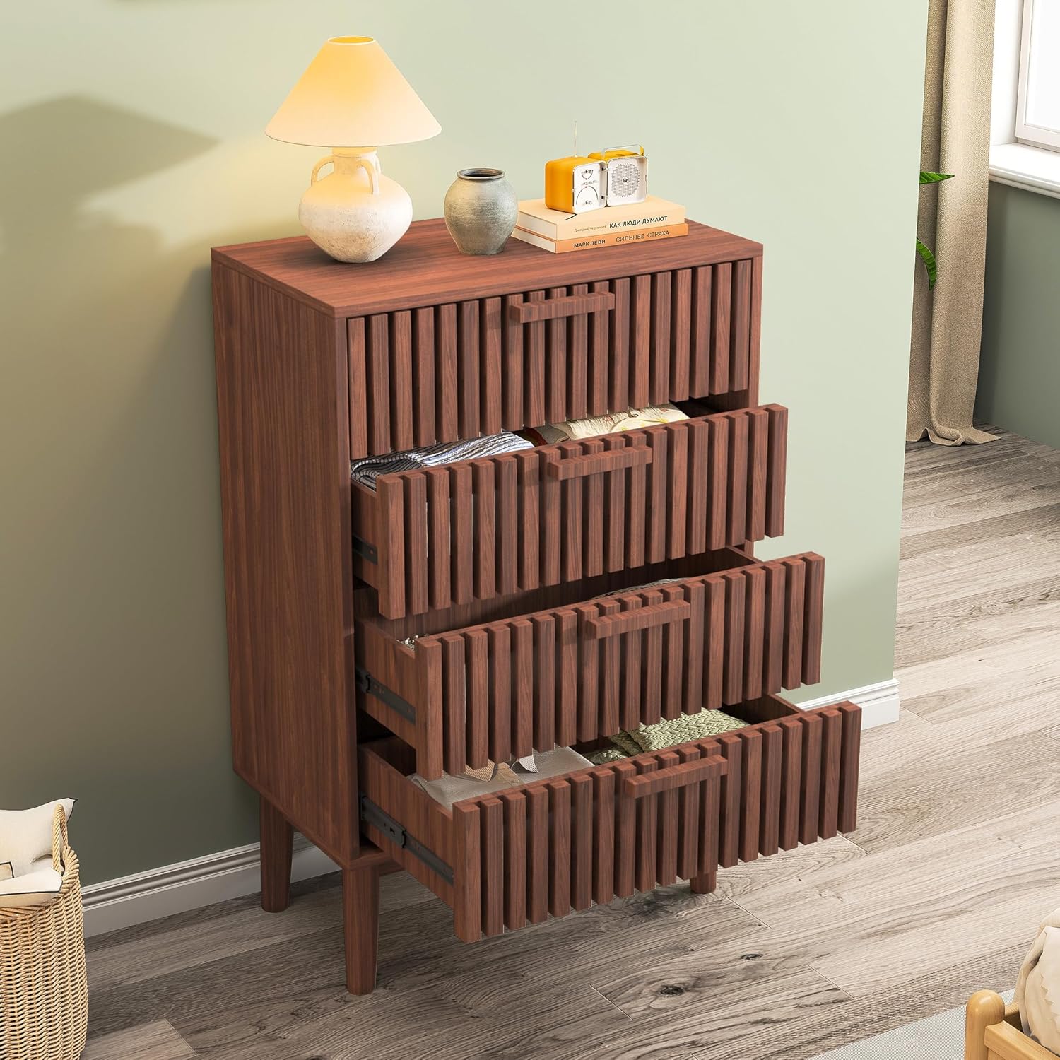 Kommode Mit 4 Schubladen，Kommode mit viel Stauraum Komodenschrank Schubladenkommode Flurschrank Holz für Schlafzimmer Wohnzimmer Flur Büro Organizer (Walnussholzfarbe(4 schubladen))