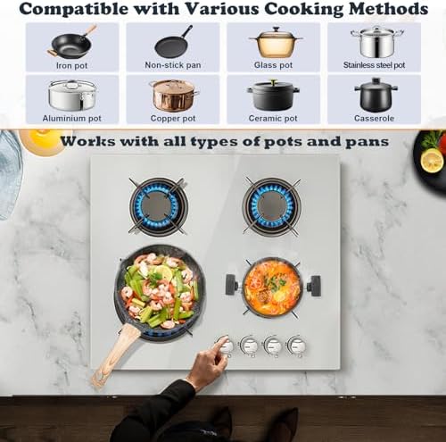 TopStrong Plaque de Cuisson Gaz 4 Feux, 60cm Plaque Gaz 4 Feux avec Sécurité Thermocouple, Cuisinière Encastrable, Naturel/Propane, 8060W, 220 240 V, Verre Noir : Gros électroménager