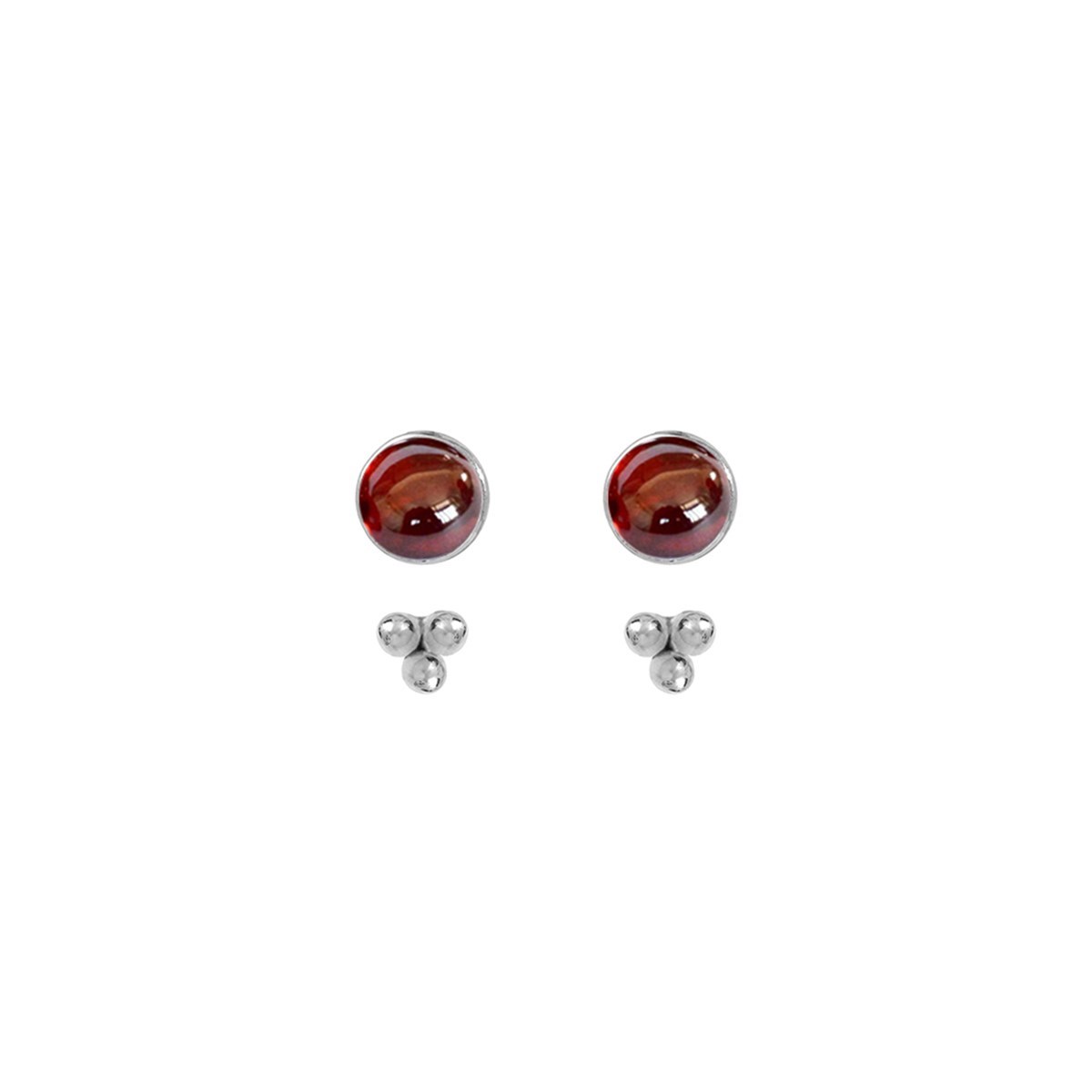 Puces pierres et dessous d'oreille 3 perles en Argent et Grenat, Chloé