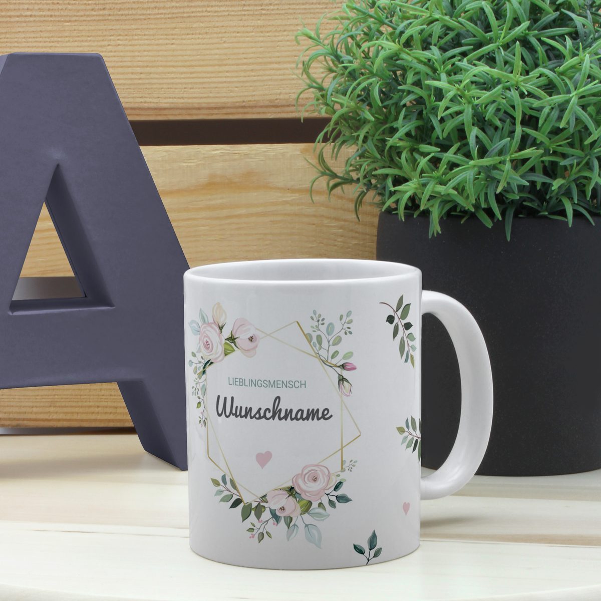 Personalisierte Panorama-Tasse, weiß (Motiv: Floral)