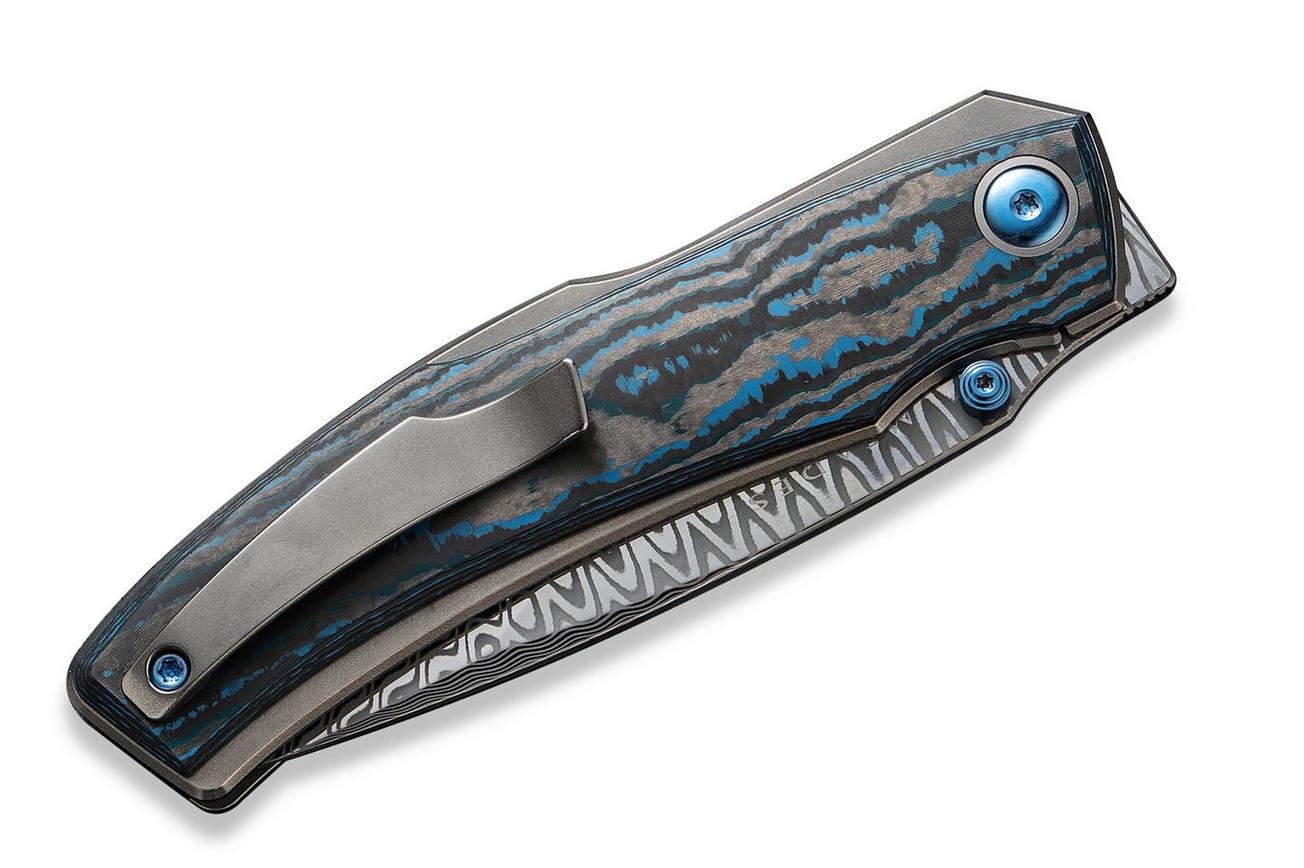 WE Knife Swordfin WE23067-DS1 Hugin Damasteel, Arctic Storm Fat Carbon Fiber Bead Blasted Titanium zakmes, Thys Meades design