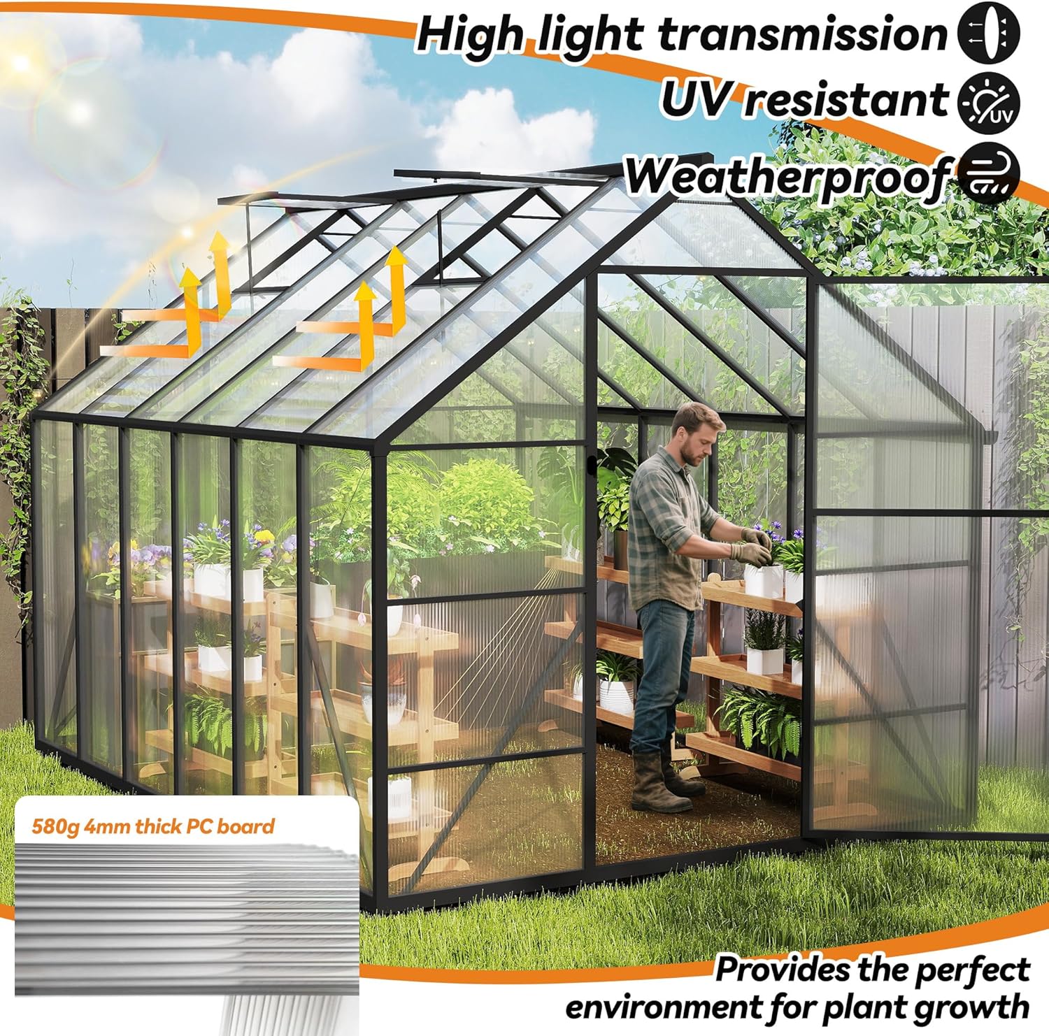 Gewächshaus Aluminium Treibhaus mit Transparent PC Platten Dachfenster & Tür & Fundament 125x180x195cm Winterfest Gartengewächshäuser Begehbares Pflanzenhaus für Garten Outdoor