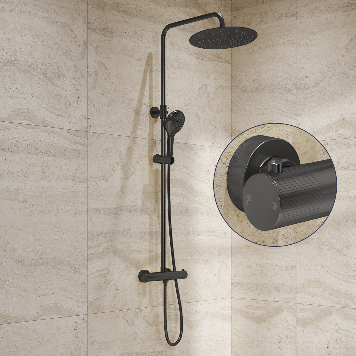 Saniclear Evolution Stripes opbouw regendouche verouderd ijzer / gunmetal met 20cm hoofddouche en 2 standen handdouche