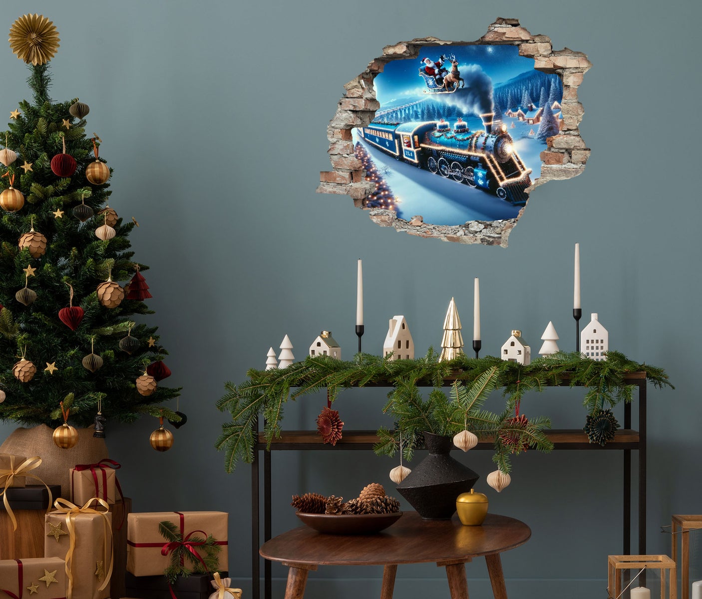 3D muursticker zelfklevende sticker Kerstman op een trein WS16025_60x50 cm Kerst wanddecoratie