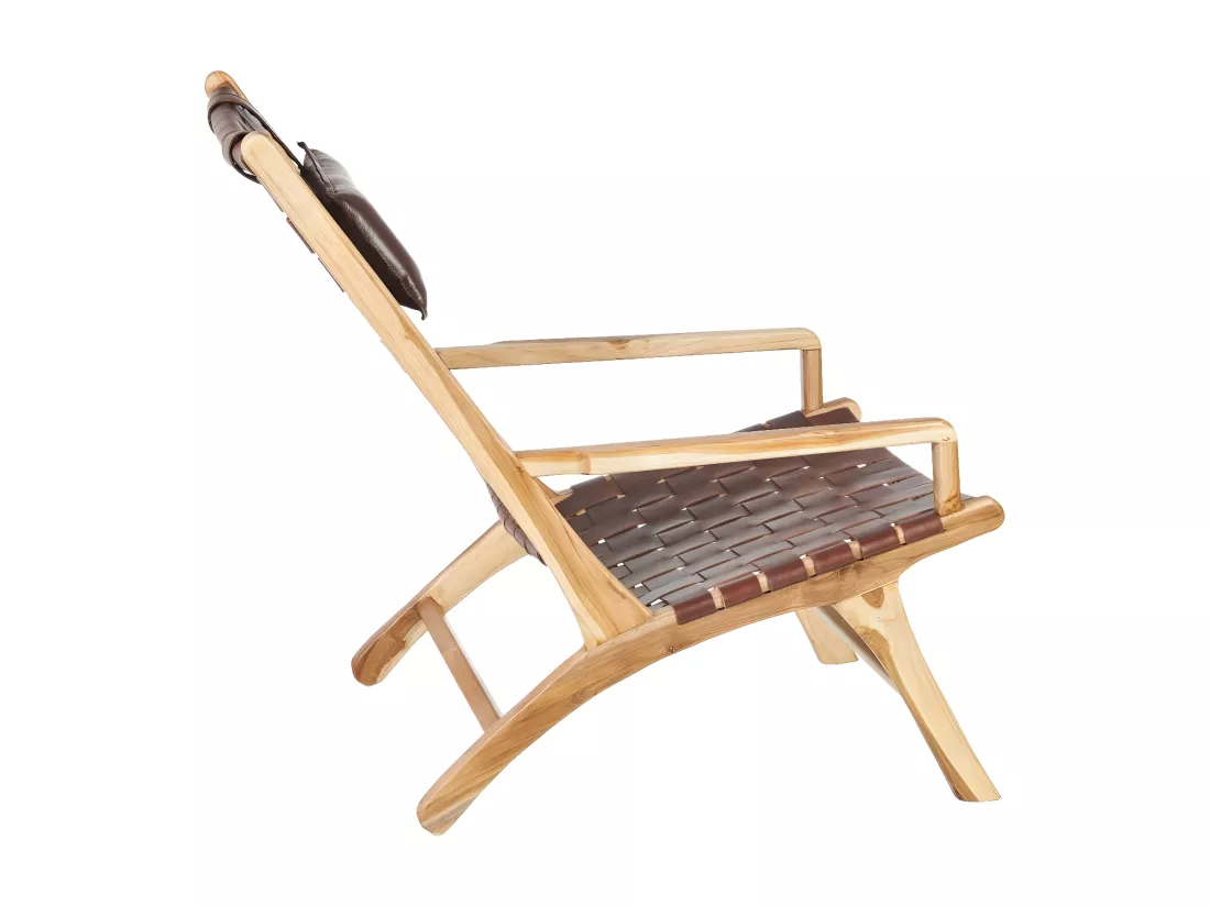 Fauteuil Teck/Cuir tressé Marron avec coussin - ESSAOUIRA