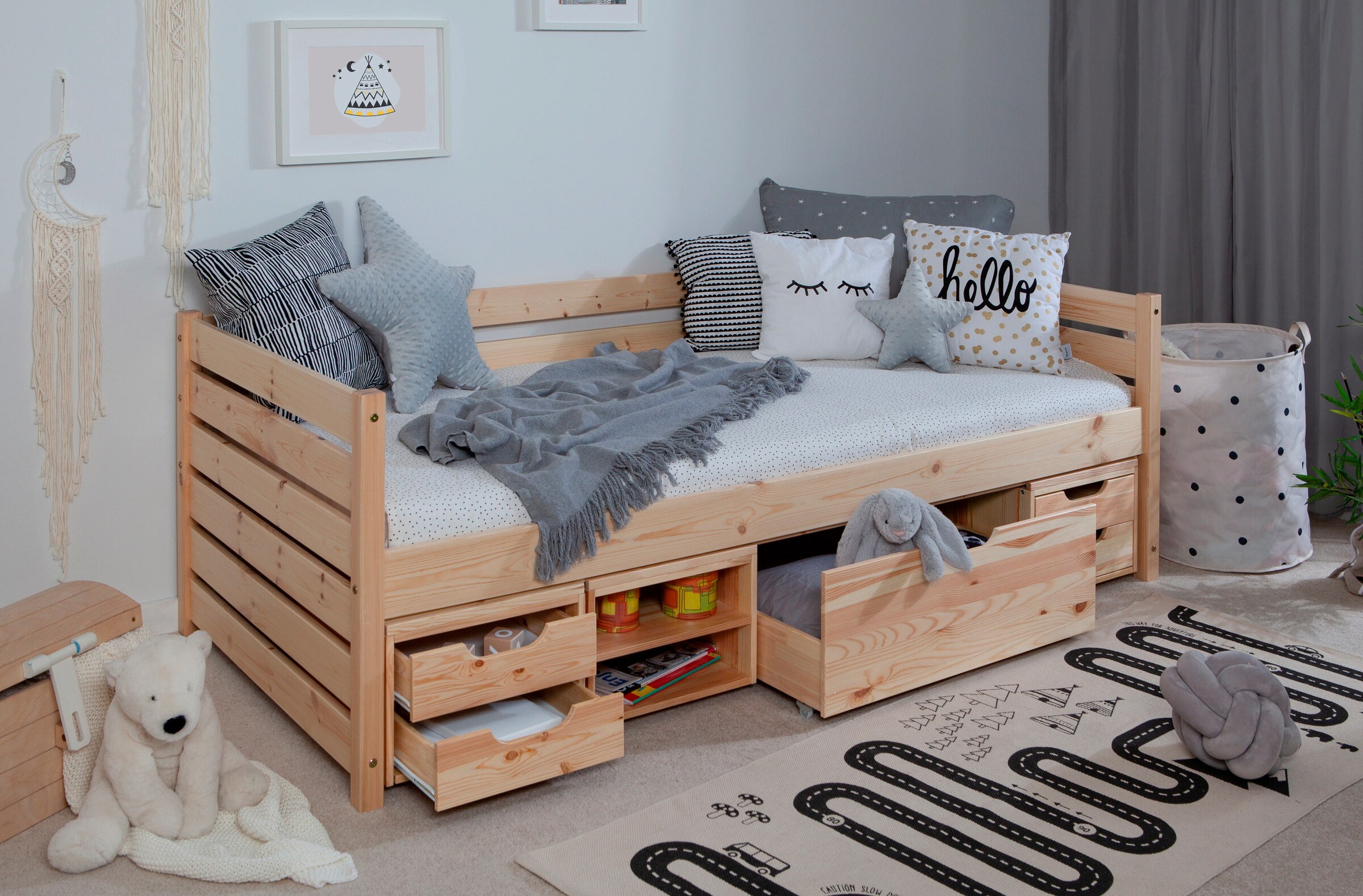 Ticaa Sofabett Naomi inkl. Funktionsschubkästen, 90x200 Natur