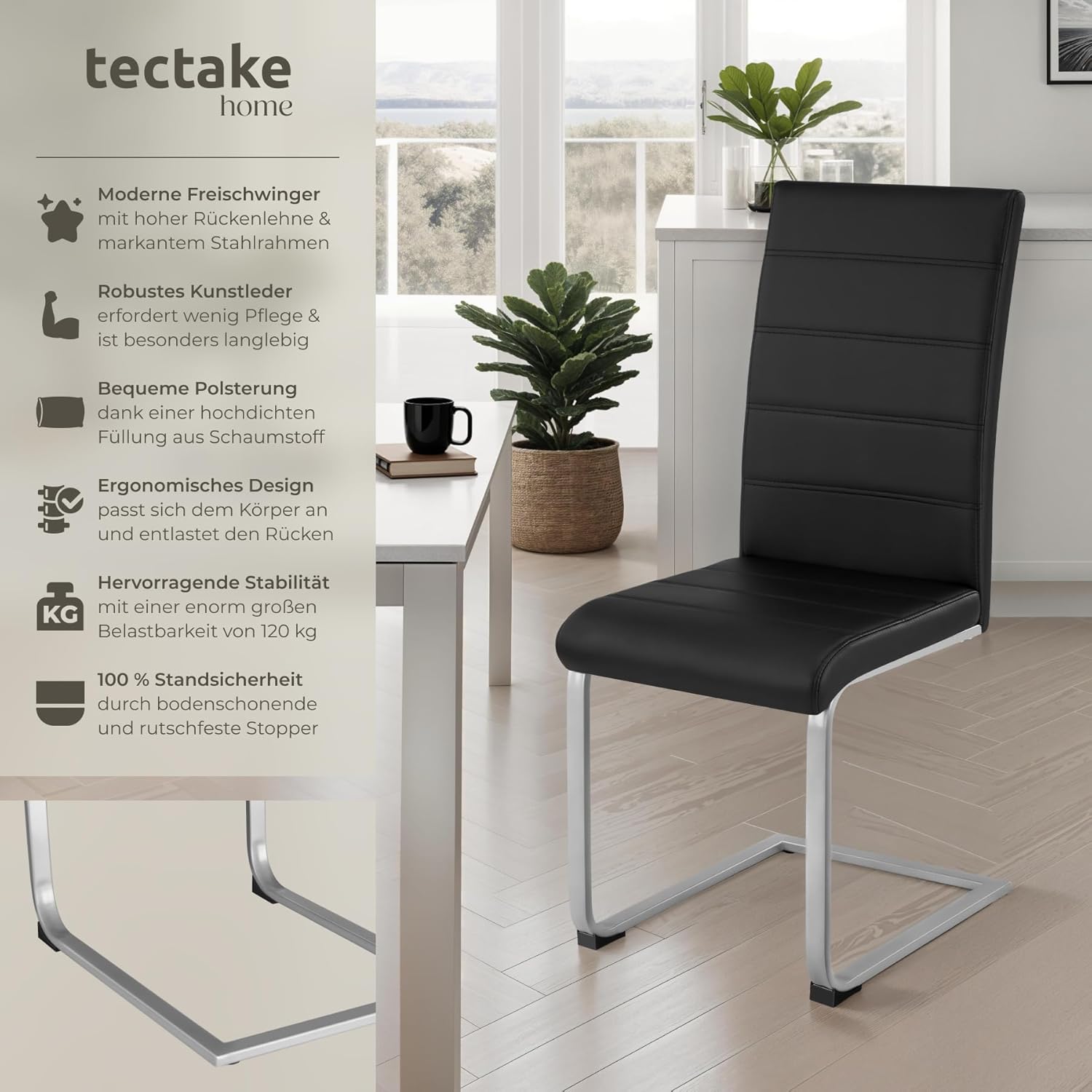 tectake Freischwinger Schwingstuhl, Stuhl 6er Set, Moderne Esszimmerstühle oder Küchenstühle mit strapazierfähigem Kunstleder Bezug - schwarz