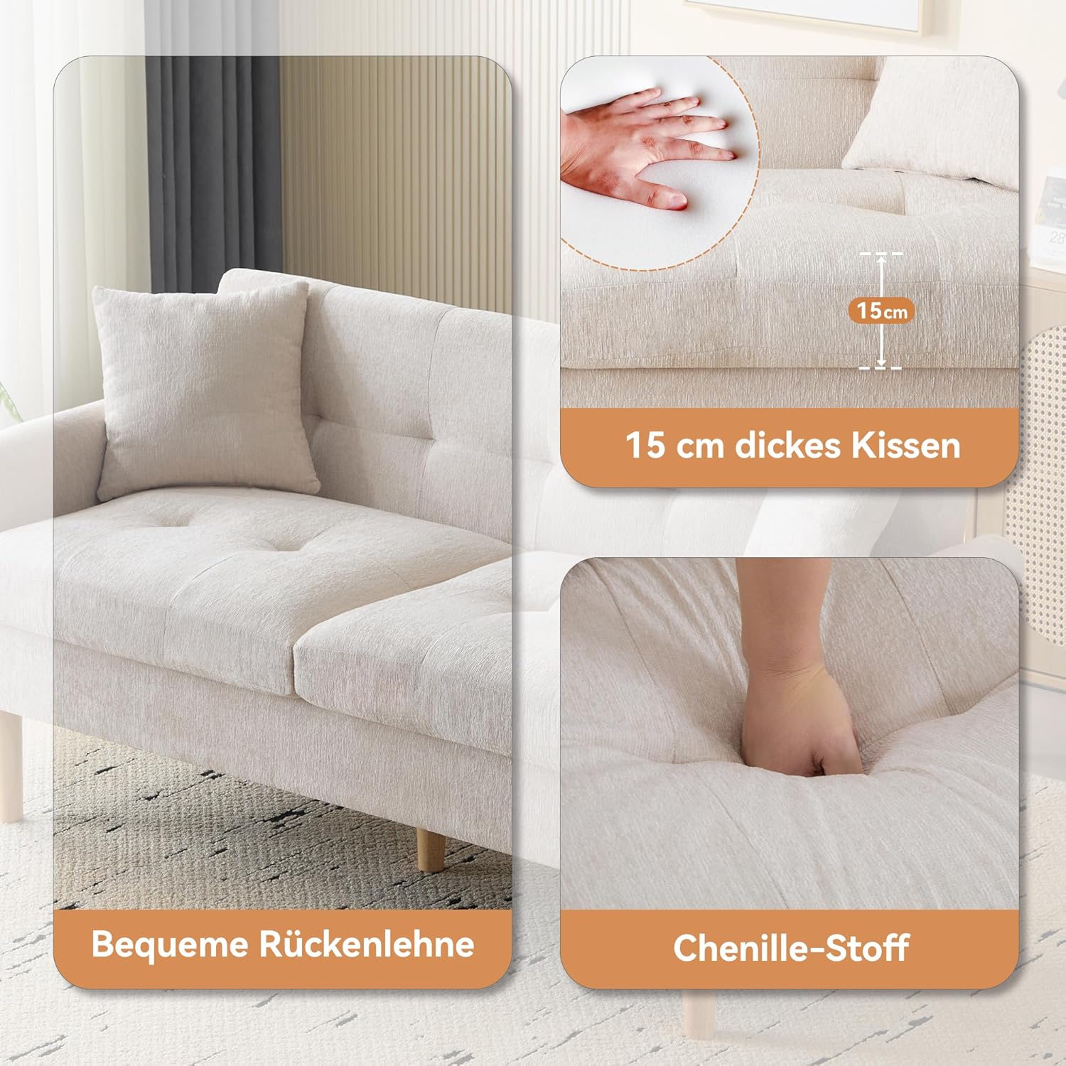 Merax 2 Sitzer Sofa Klein Couch, 162 cm Polstersofa aus Chenille-Stoff Modern Mini Sofa mit dicken Kissen, massiven Holzsofalegs, Doppelsofa für Wohnzimmer/Schlafzimmer/Wohnung, Beige