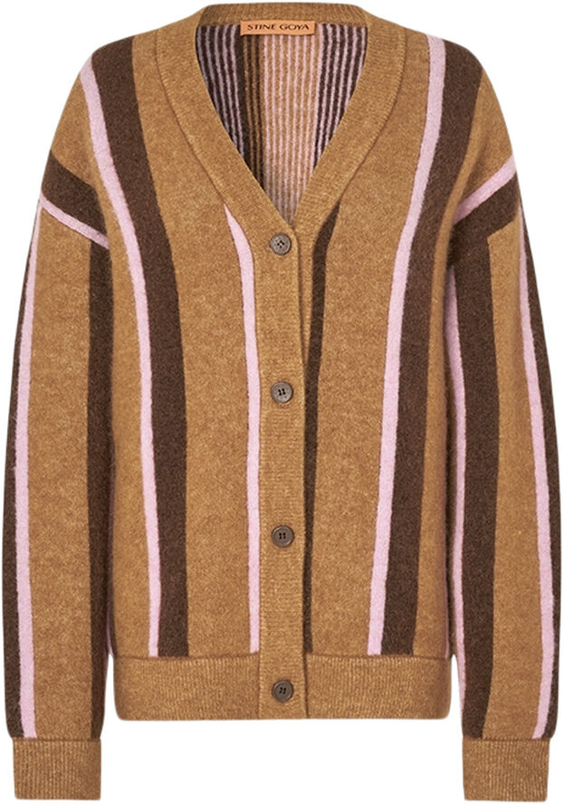 Stine Goya Long Sleeve Cardigan, 2280 Cable Knit Stripes Cocoa stripes