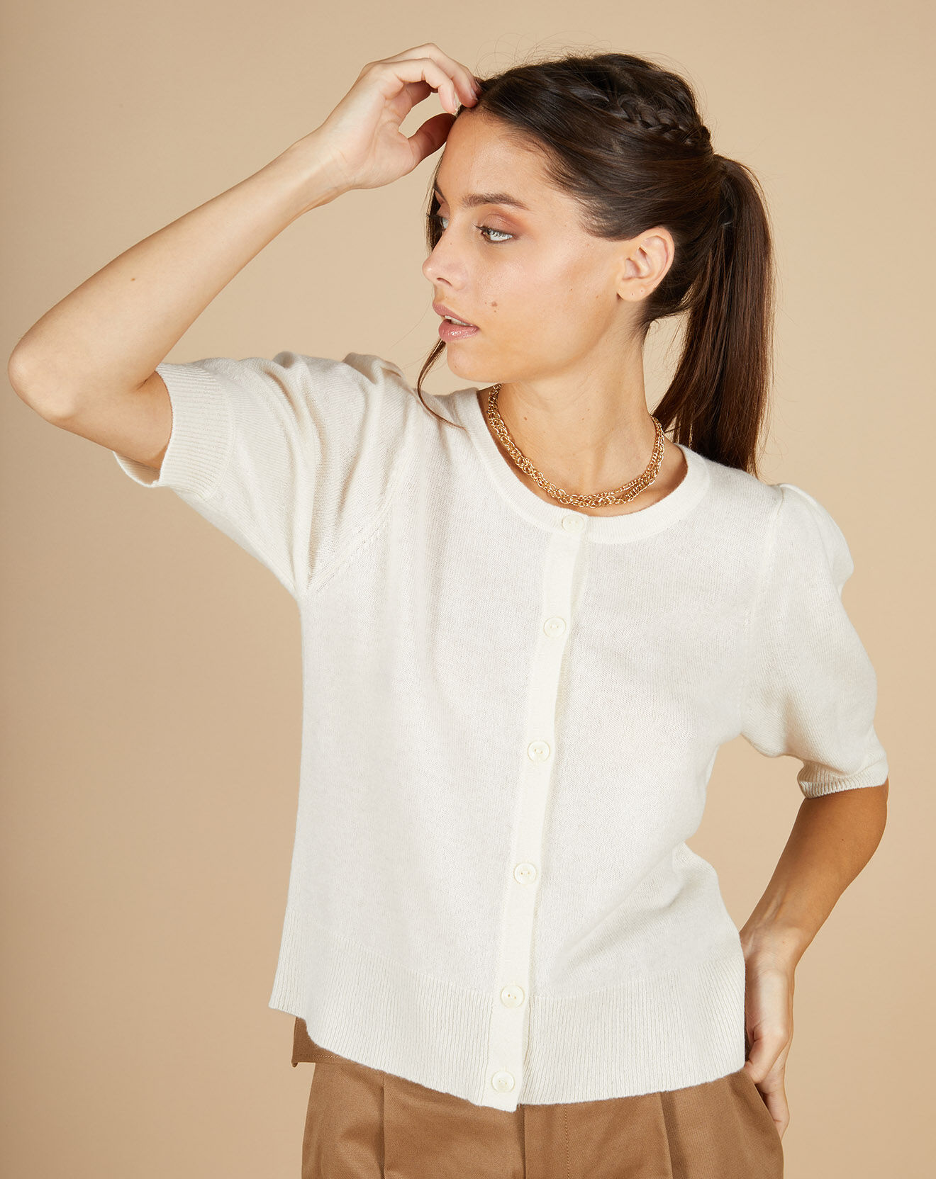 Cashmere Tribu Cardigan 100% Cachemire Claire manches ballon écru