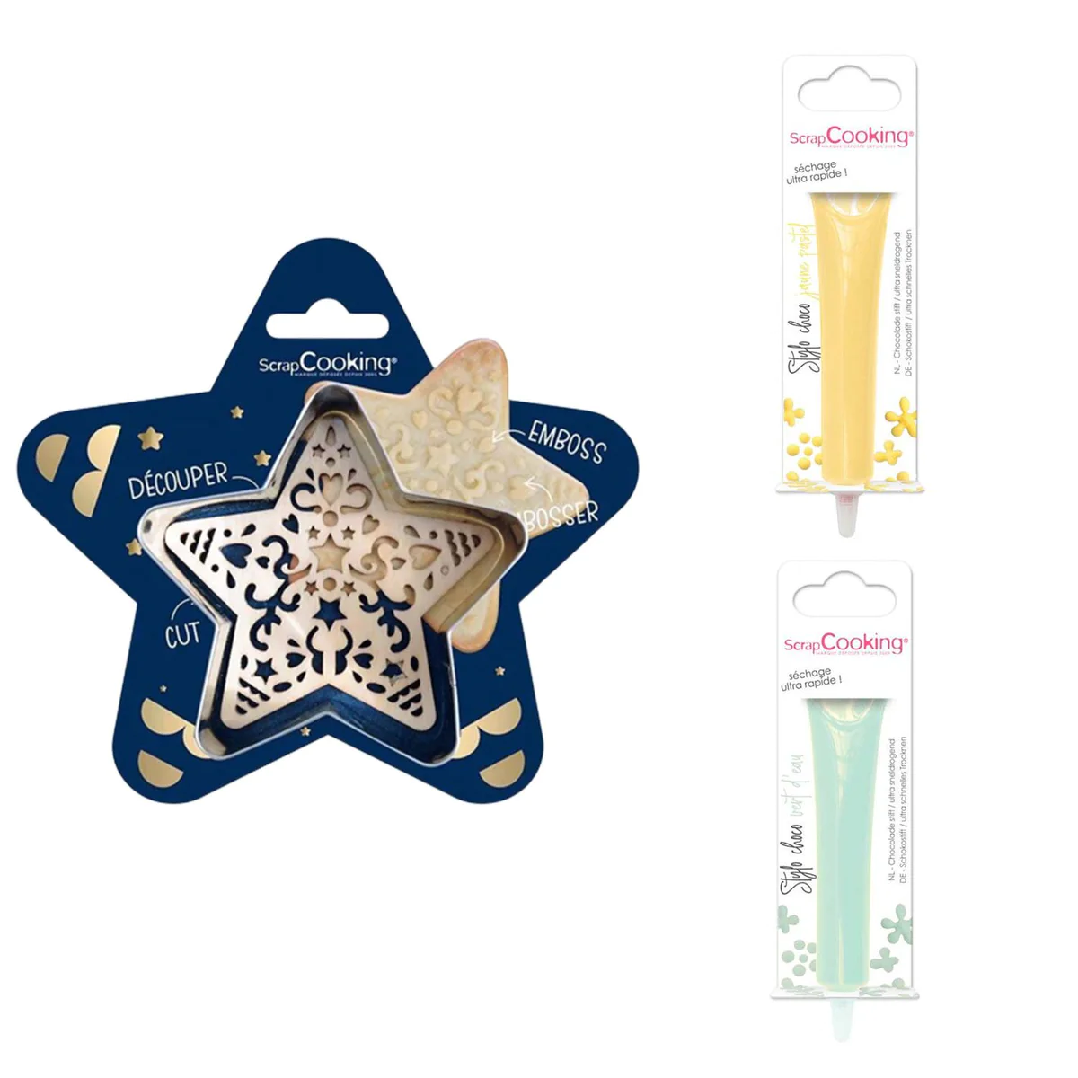 Kit pour biscuit en relief Étoile + 2 Stylos au chocolat jaune pastel