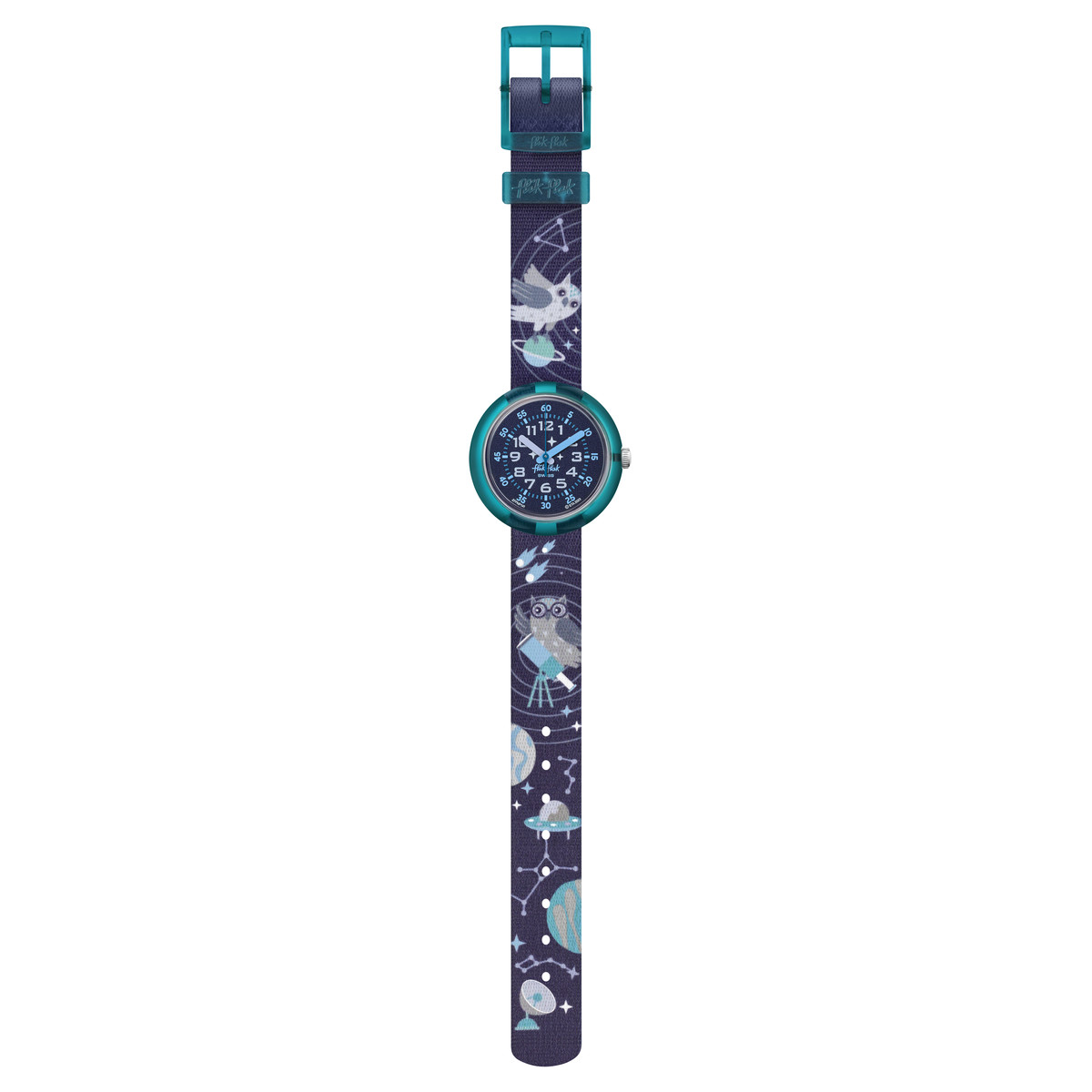 Montre FLIK FLAK Future dreams Take me to space enfant plastique biosourcé bracelet PET recyclé bleu