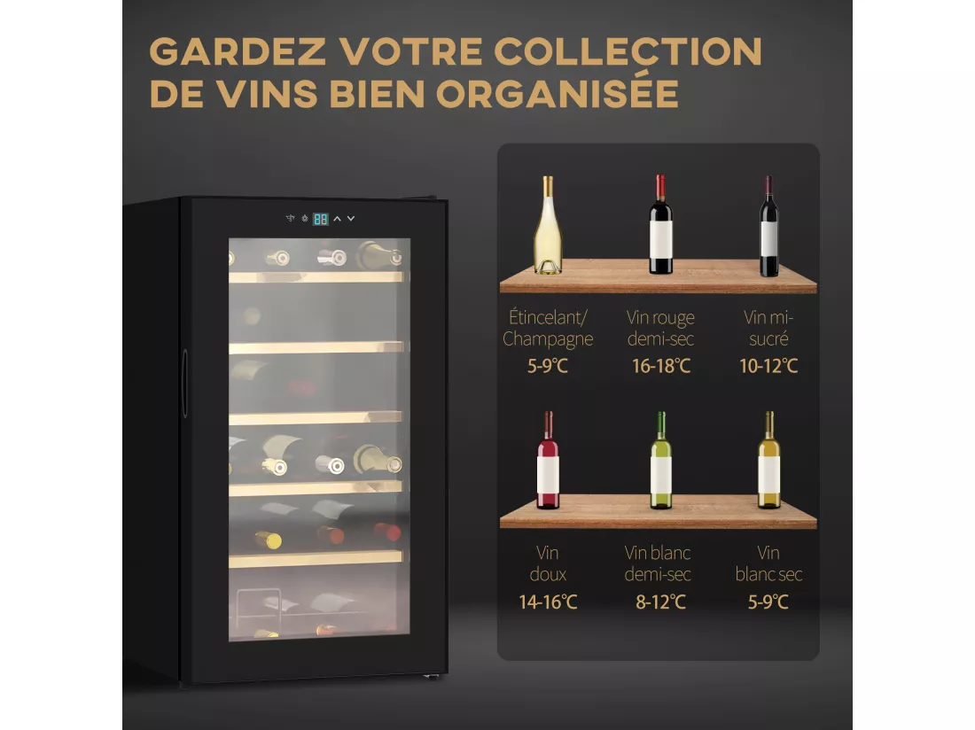 Cave à vin thermoélectrique 24 bouteilles panneau tactile écran LCD éclairage intérieur LED température réglable 5-20°C noir