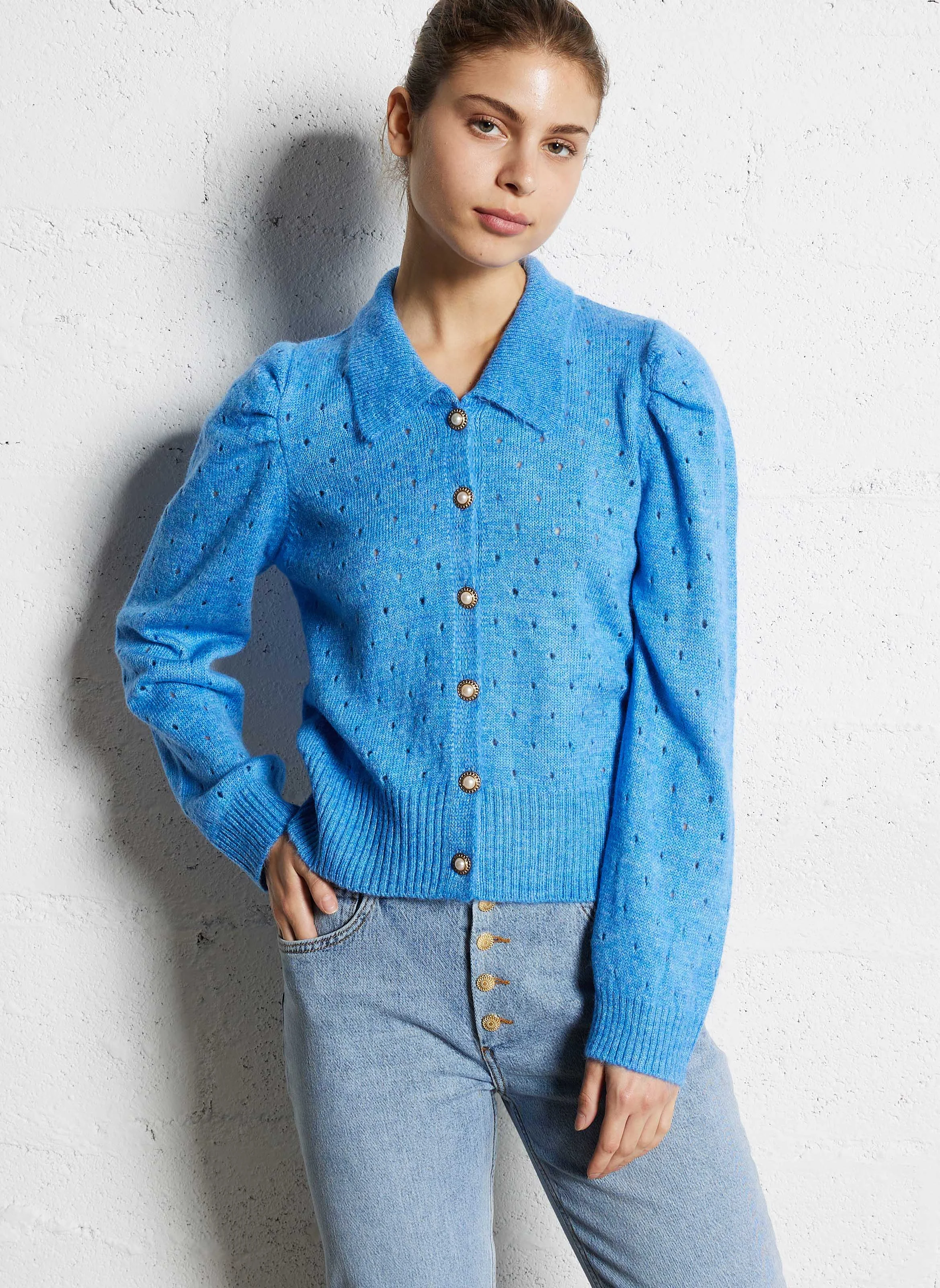 Cardigan col classique| Bleu