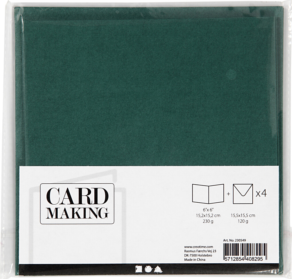 Kort Og Kuverter - Kort Str. 15,2X15,2 CM - Kuvert Str. 16X16 CM - 230 G - Mørk Grøn - 4 Sæt