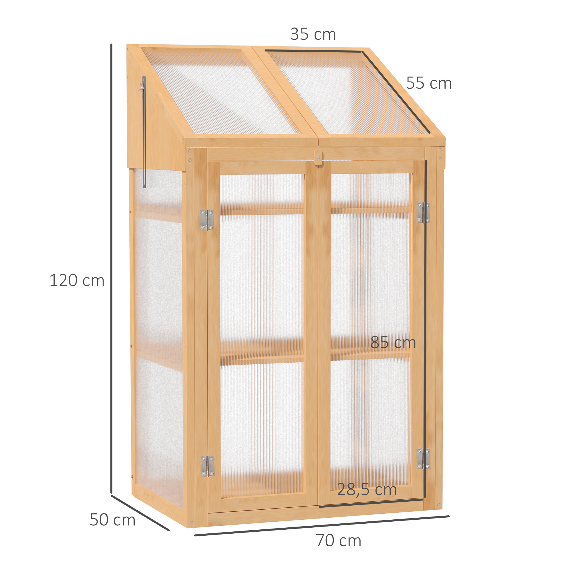 Estufa de madeira Outsunny com painéis de policarbonato, estufa de jardim, viveiro doméstico com tampa articulada, 2 portas e 3 prateleiras para cultivo de plantas e flores em terraços ou pátios, 70x50x120 cm, cor natural.