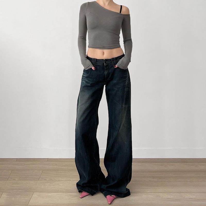 PolkaBella - Lage taille gewassen wijde jeans