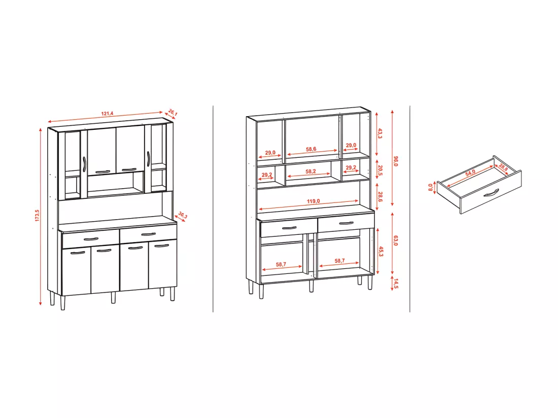Buffet de Cuisine 8 Portes 2 Tiroirs Chêne et Blanc L 121.4 H 173.5 P 36.3 cm