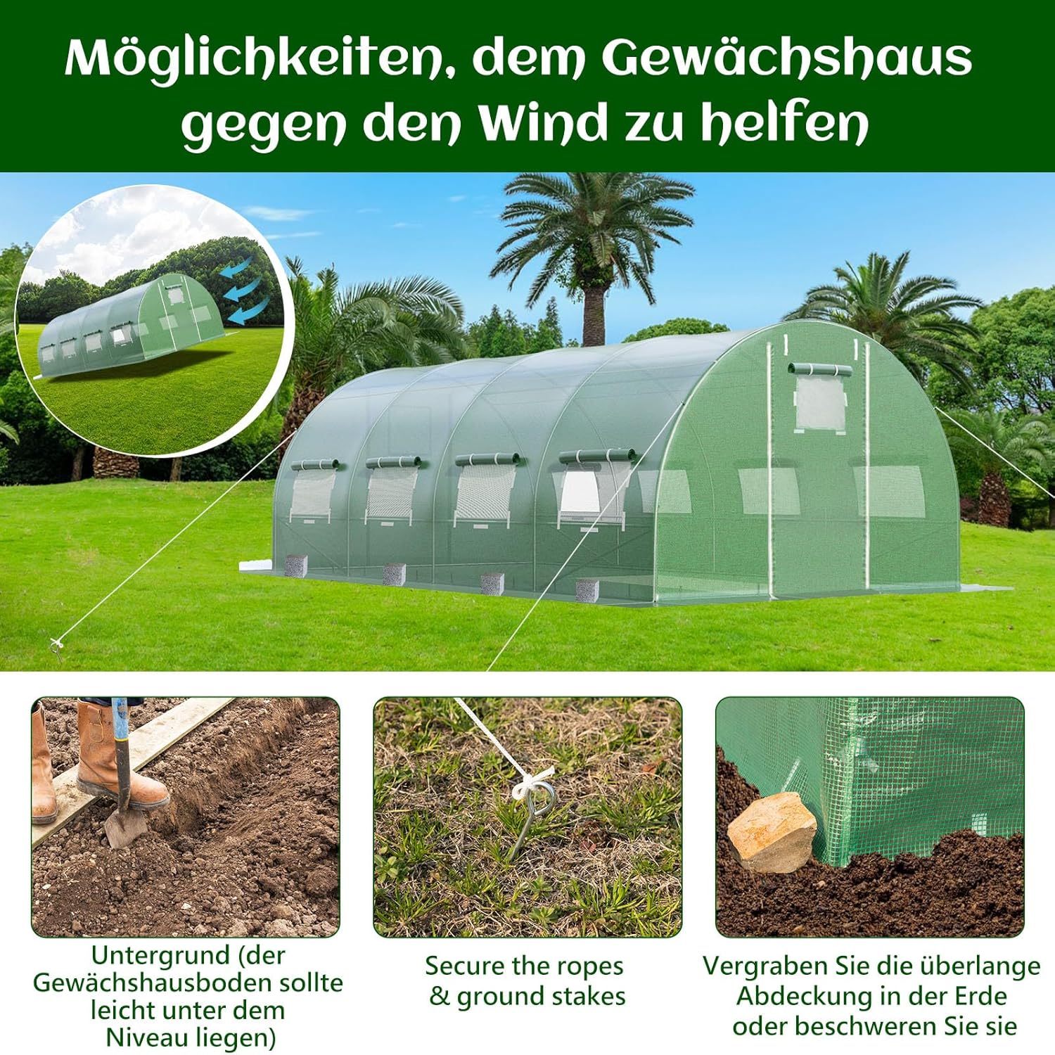 GOPLUS 6x3x2m Gewächshaus mit Metallrahmen, 18m² Gartengewächshäuser mit 8 Fenstern & 2 Türen, Foliengewächshaus für Bauernhof, Hinterhof & Garten (6x3x2m)