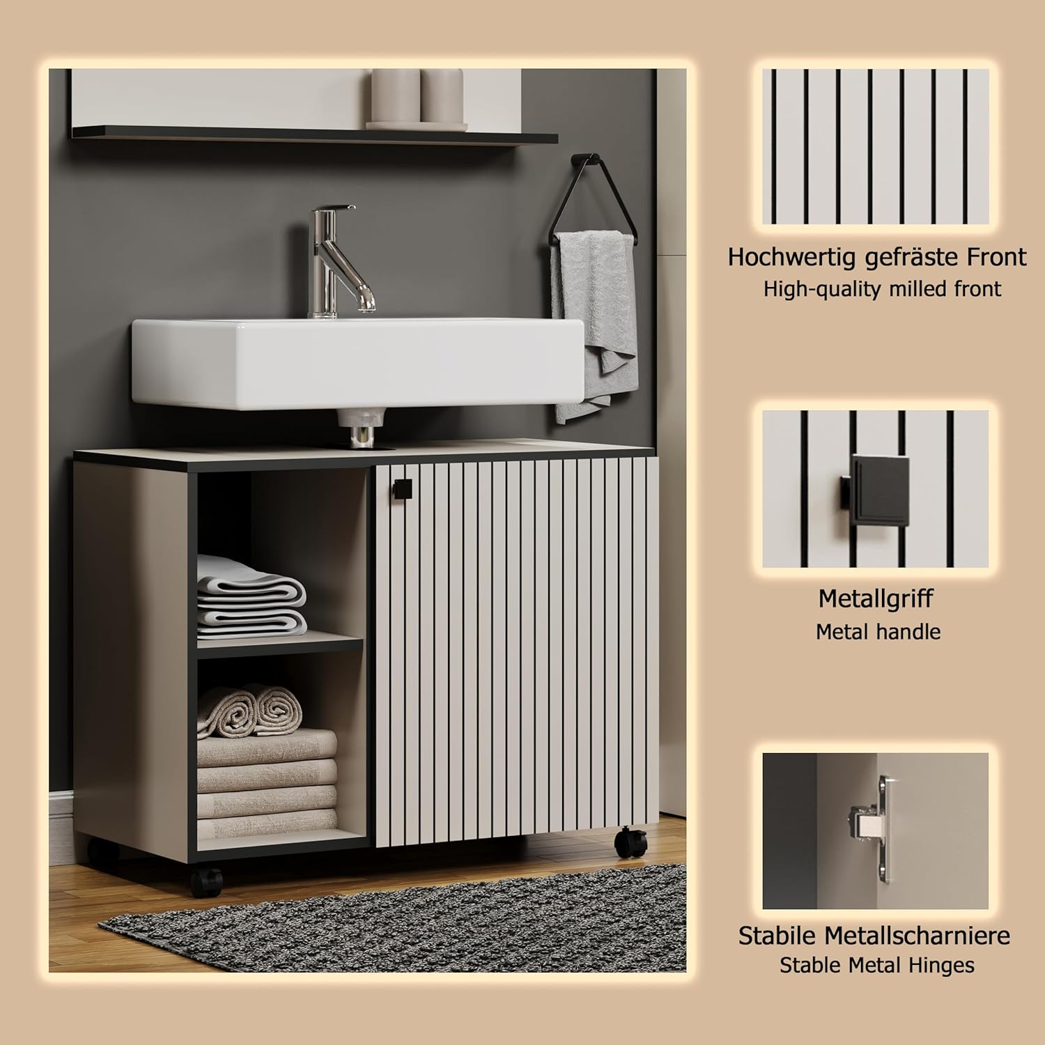 trendteam smart living - PureBliss - Waschbeckenunterschrank auf Rollen - Kashmir Hellgrau - Rillenoptik - 2 offene Fächer + 1 Einlegeboden - (BxHxT) 80 x 64 x 42cm - edle Metallgriffe