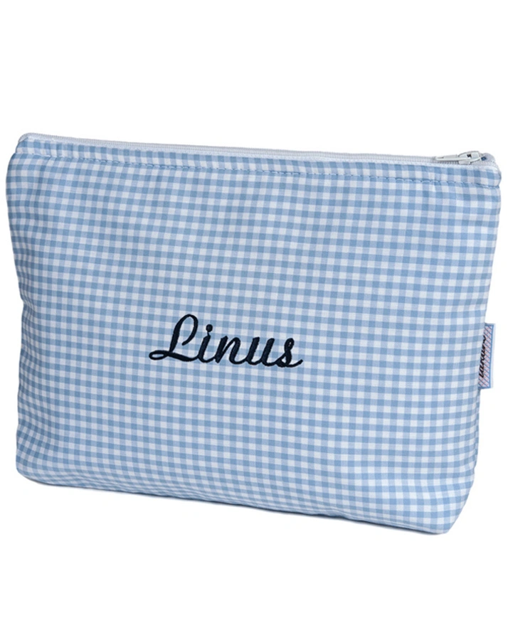 Personalisierte Kulturtasche UNI hellblau (Stickfarbe: grau)