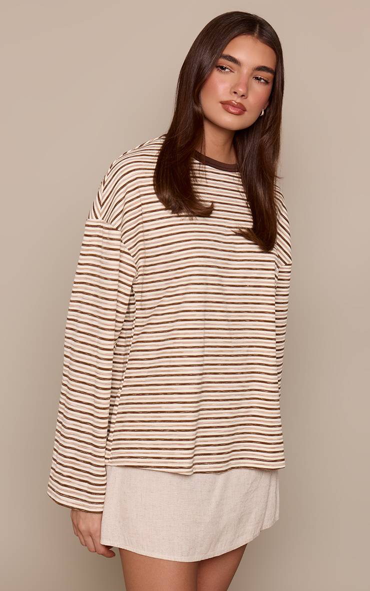 Light Brown Haut Oversize À Manches Longues En Maille Côtelée Douce Avec Détails Rayés