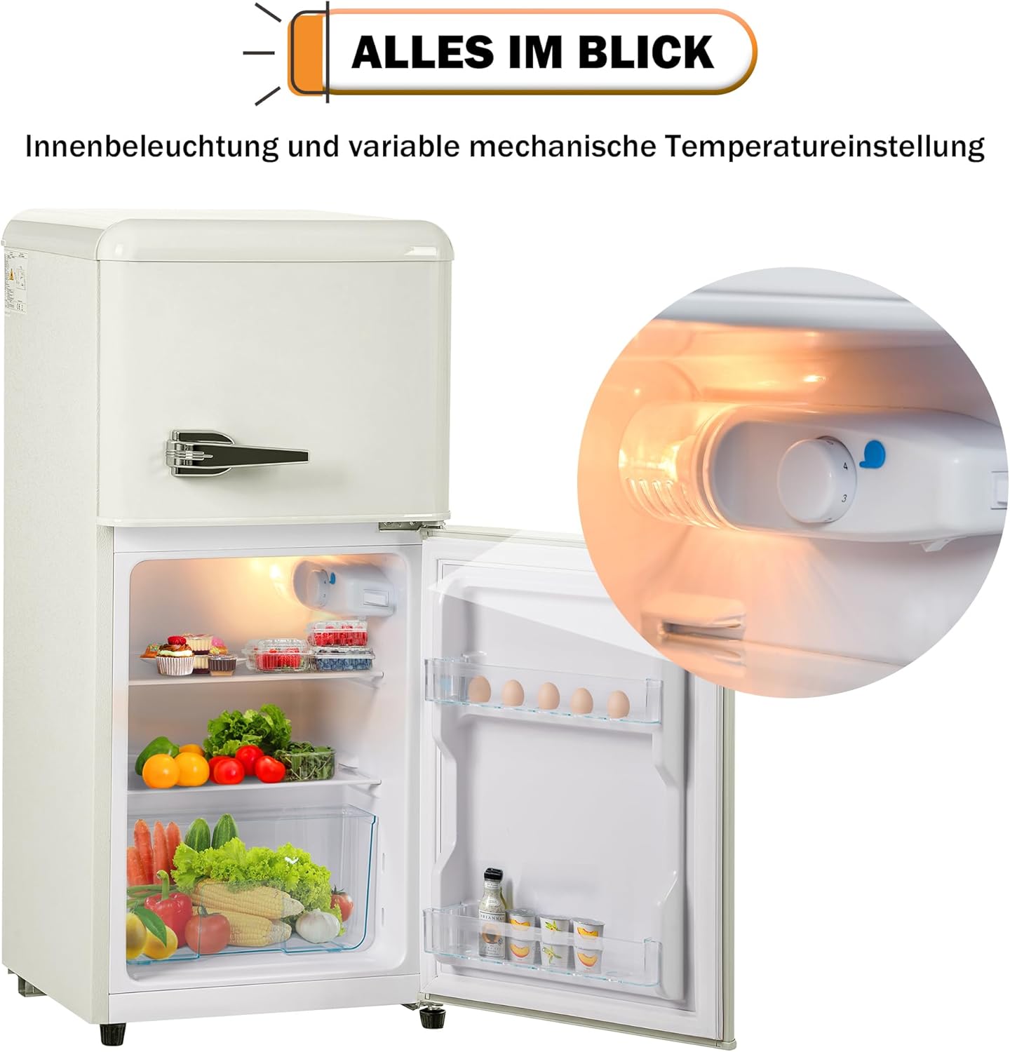 Merax Retro Kühlschrank, 60L Mini-Kühlschrank mit Gefrierschrank,Kühl-Gefrierkombination,22 Liter Gefrierfach, 38 Liter Kühlfach,102 kWh/Jahr, LED-Beleuchtung, cremeweiß