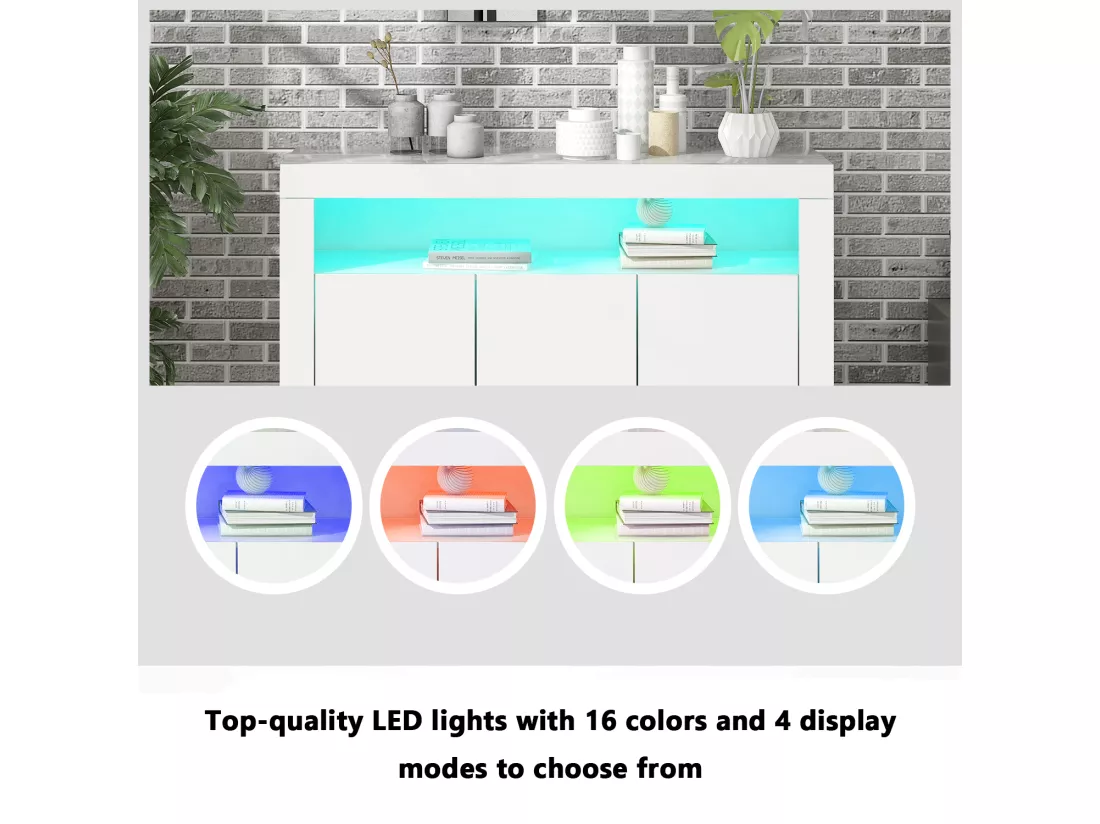 Buffet avec 3 portes et étagère - 130 x 35 x 95 cm - LEDs - Panneaux de particules - Blanc