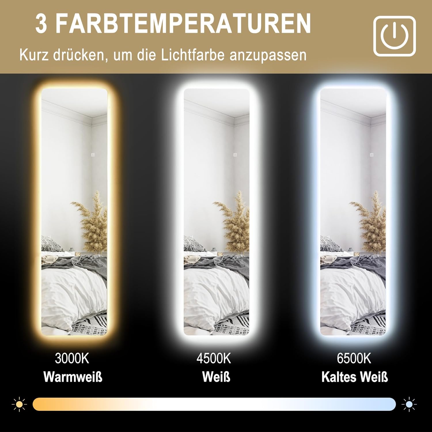 HOMCOM Ganzkörperspiegel mit LED-Beleuchtung, 150 x 40 cm Standspiegel mit 3 Lichtfarben, Wandspiegel mit Ständer, Touch-Schalter bruchsicheres Glas, Bodenspiegel für Schlafzimmer