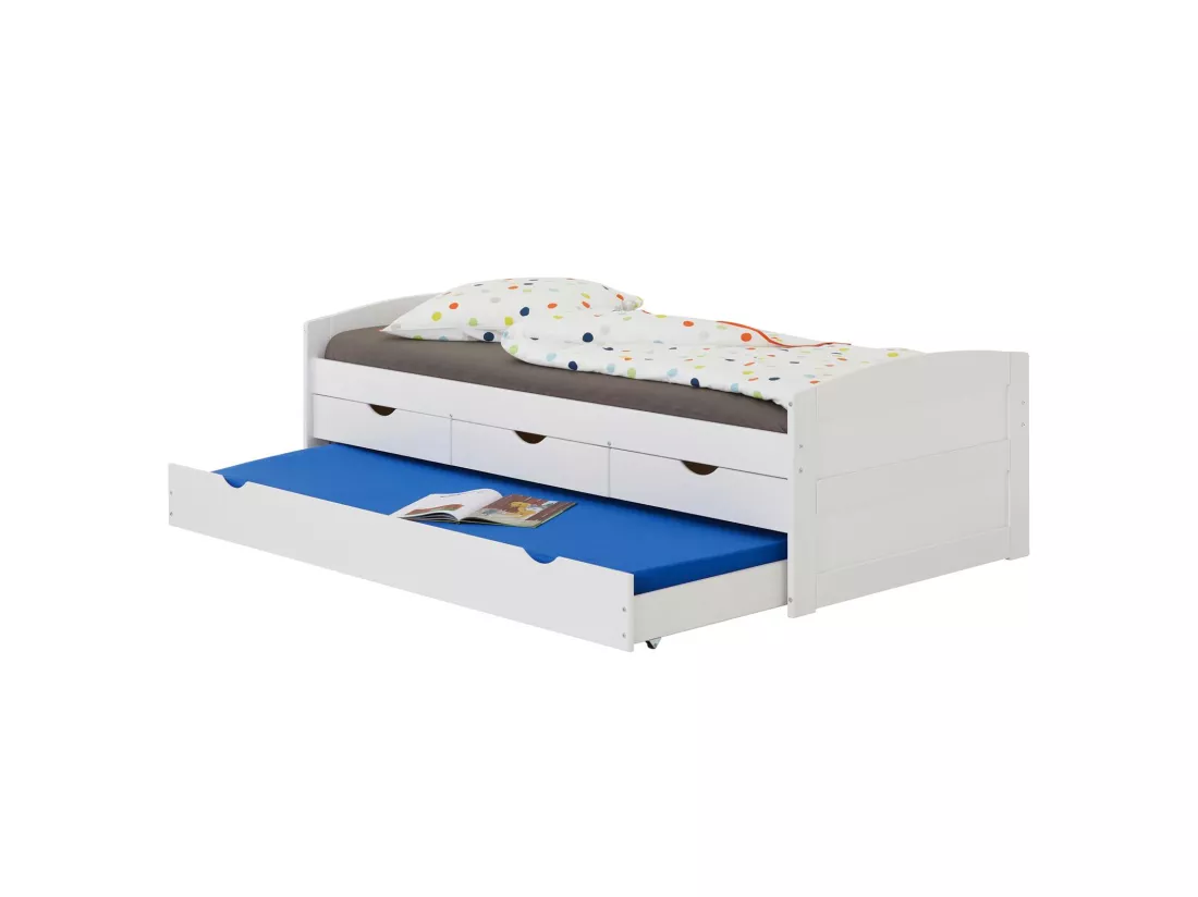 Lit gigogne JESSY lit enfant fonctionnel avec tiroir-lit et rangements 3 tiroirs, couchage 90 x 200 cm, en pin massif lasuré blanc