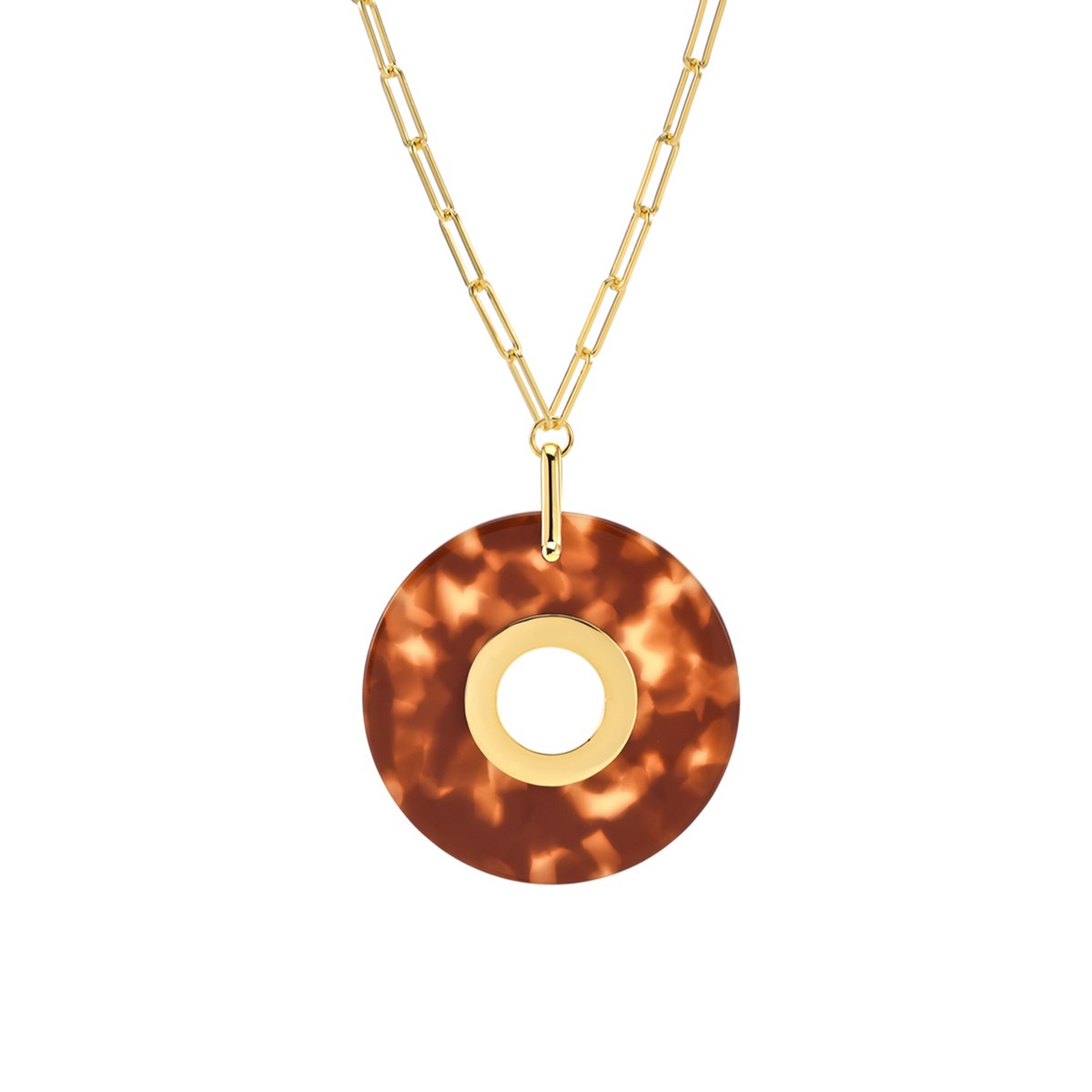 Collier En Argent Doré Et Pendentif Rond En Acétate Marron