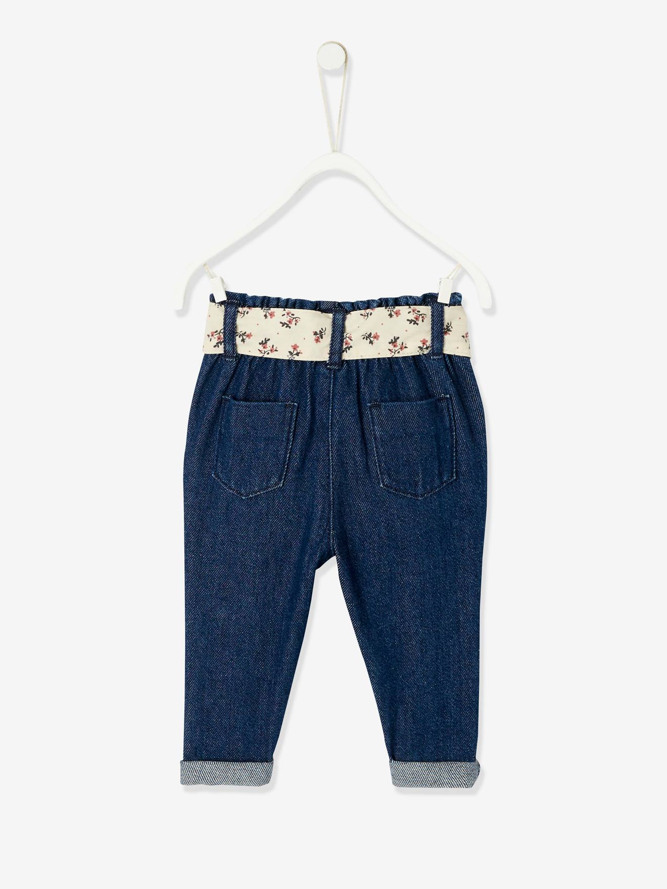 Calça jeans com cinto de tecido, para bebê, azul escuro liso