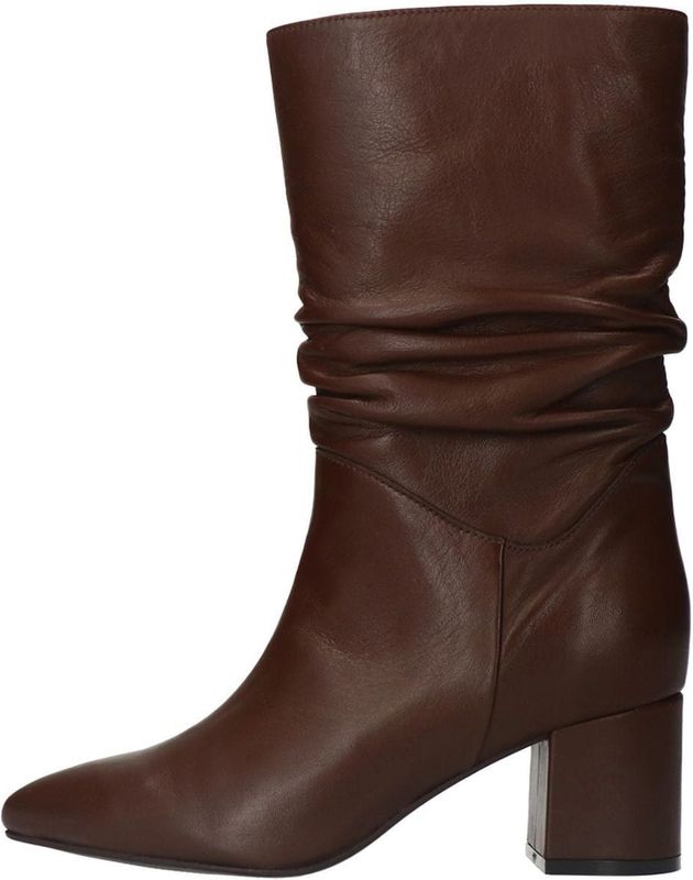 Manfield - Bruine Leren Laarzen - Blokhak 6 cm - Gerimpeld Detail