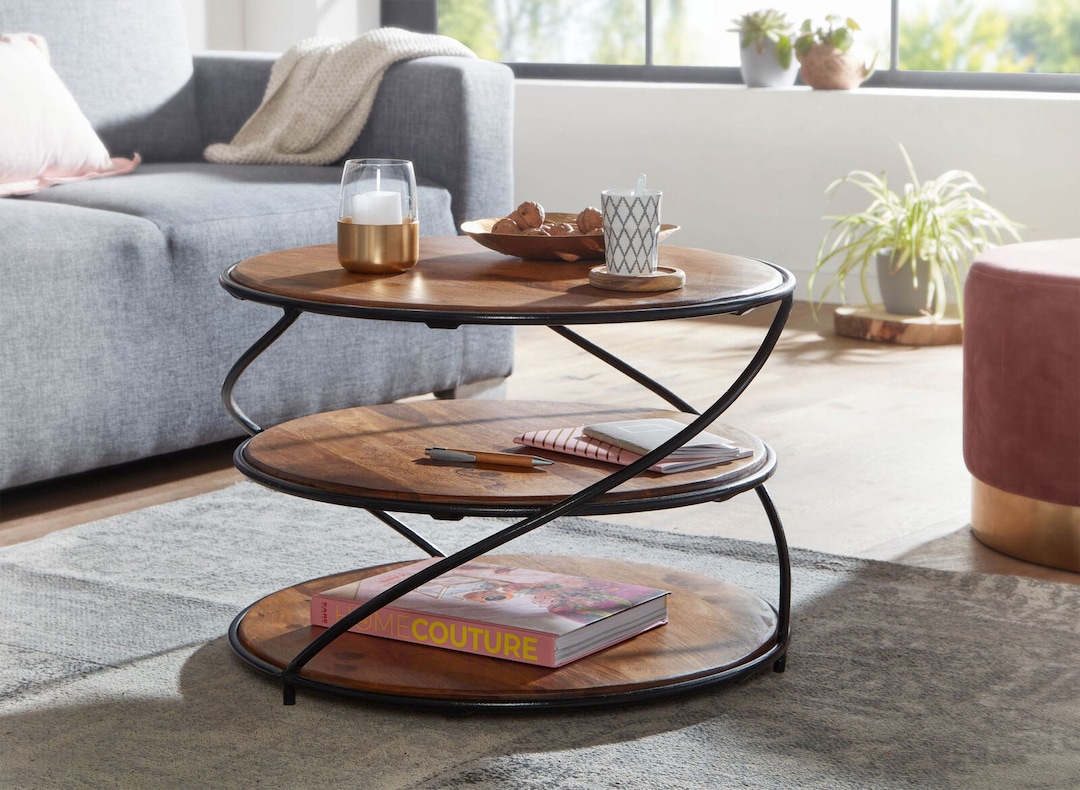 Couchtisch rund Ø 58 cm Sheesham massiv/Schwarz