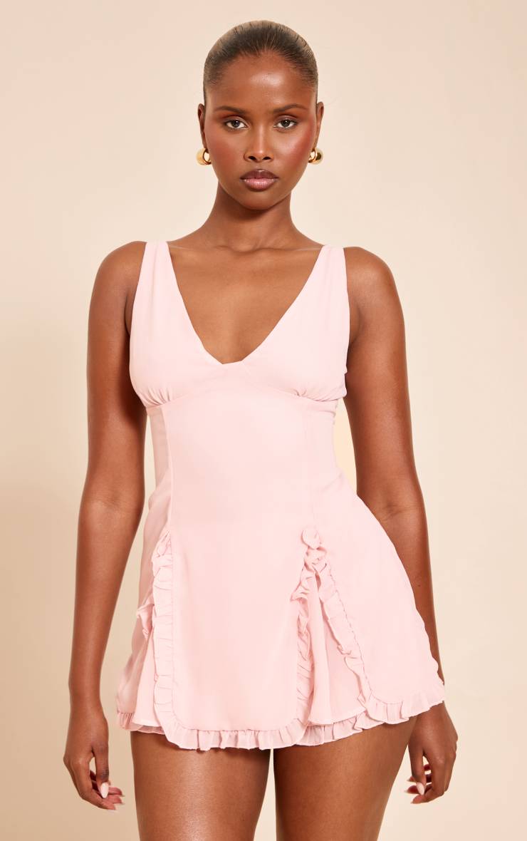 Rose Combi-short En Mousseline À Détails De Volants
