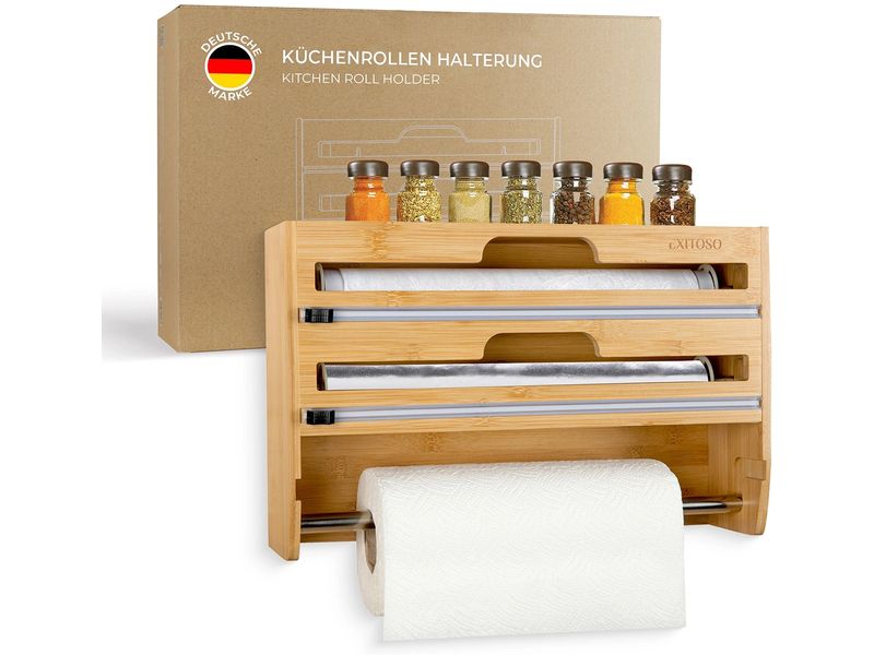 Exitoso 3 in 1 Küchenrollenhalter Braun Folienschneider, Wandrollenhalter und Frischhaltefolienspender