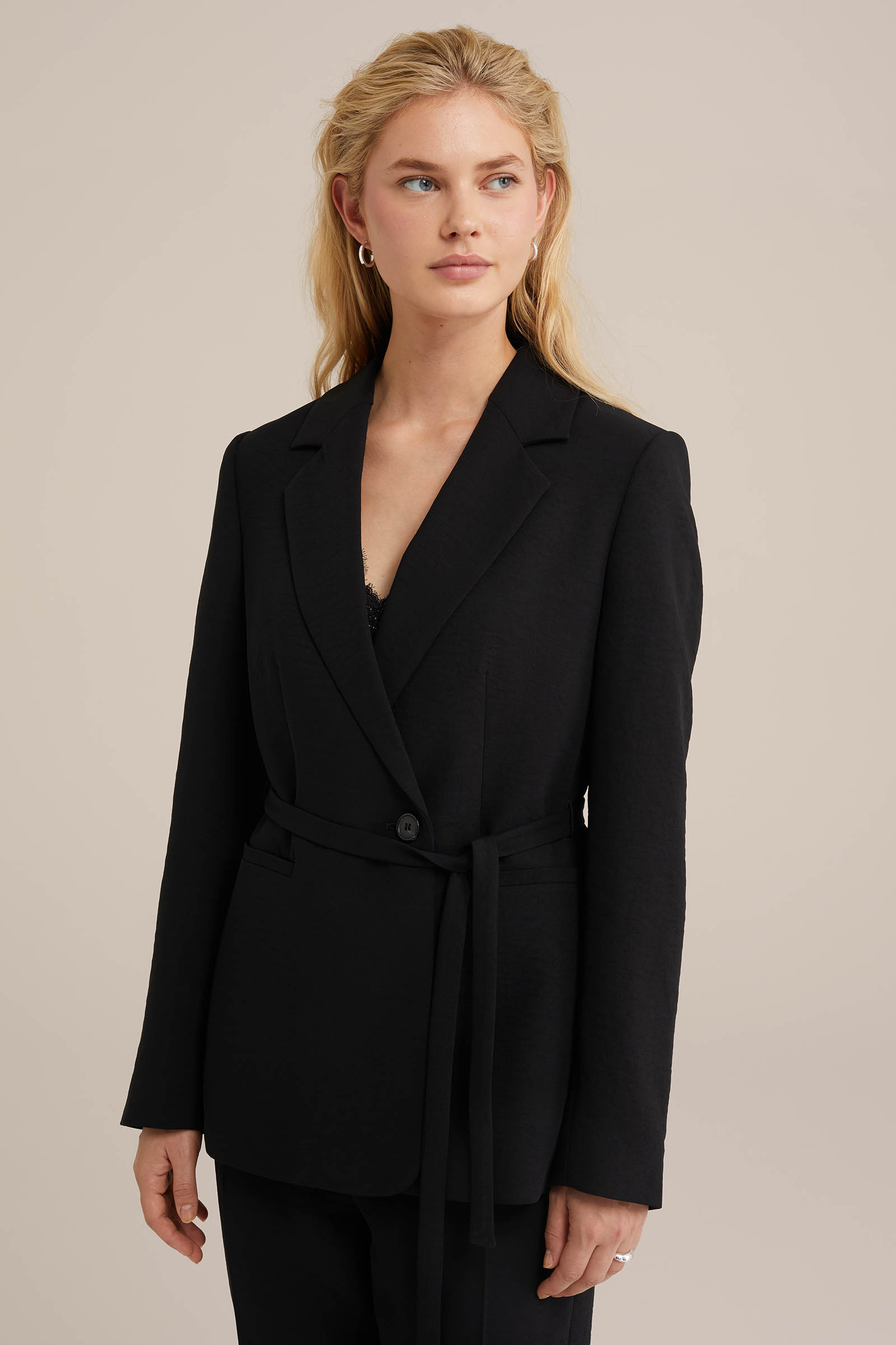 regular fit blazer met strikceintuur WE Fashion Zwart