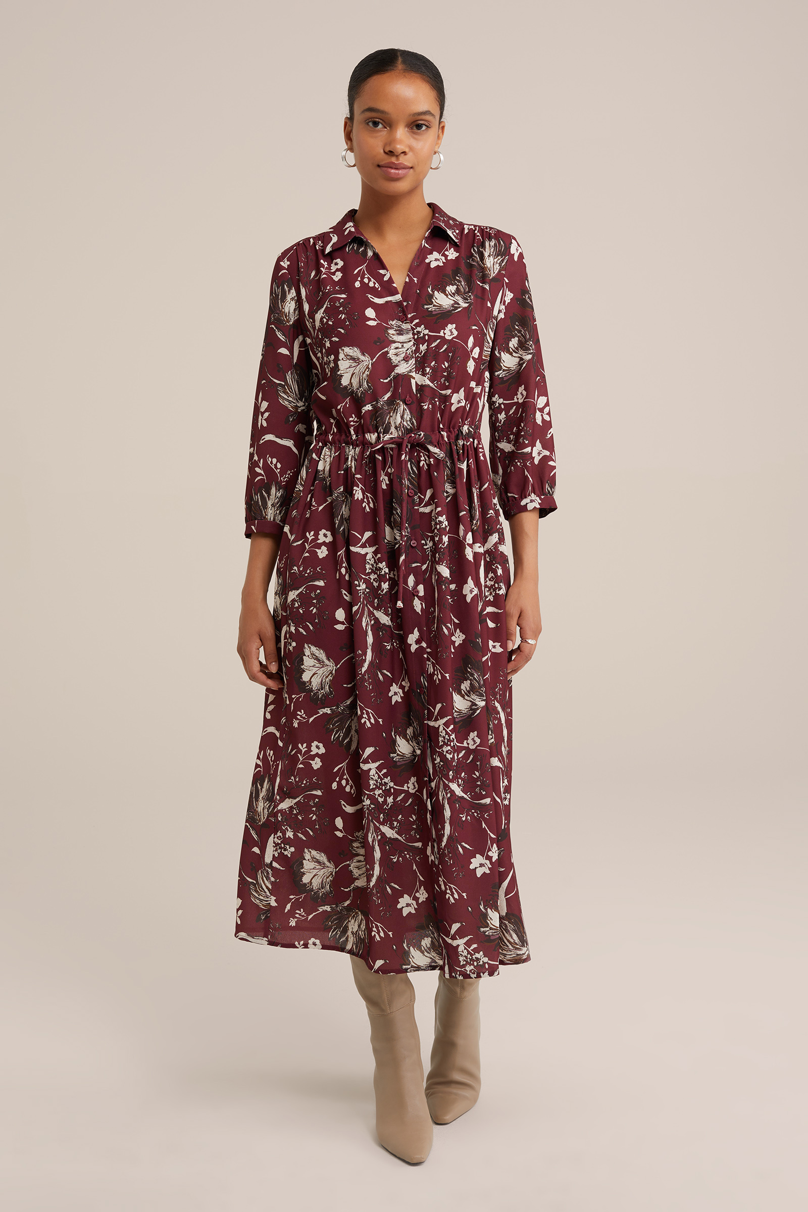 jurk met dessin WE Fashion Bordeauxrood
