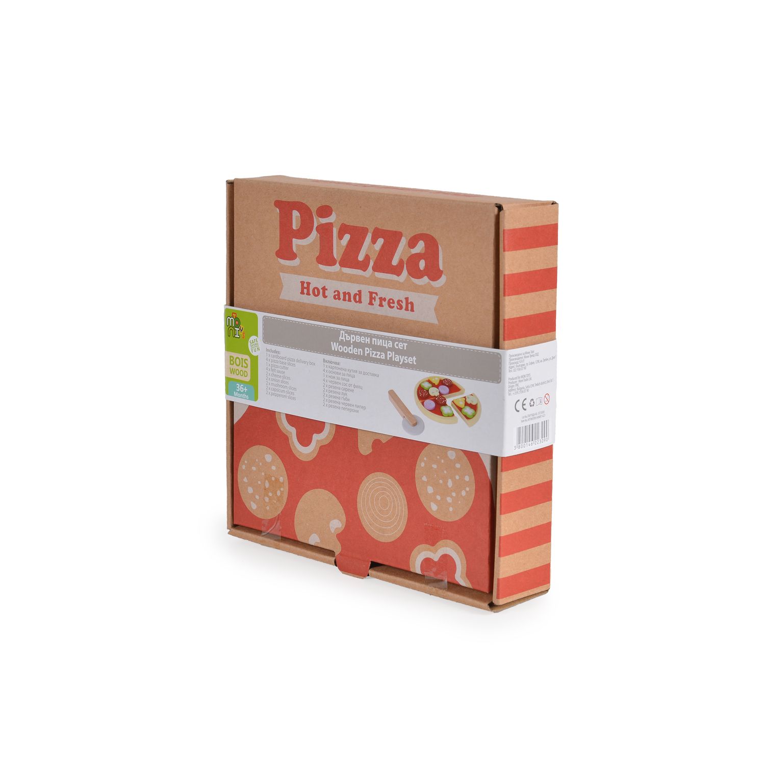 Moni Kinder Pizza-Spielset 4221 Holz Pizzaschneider, Pizzastücke mit Klett rot